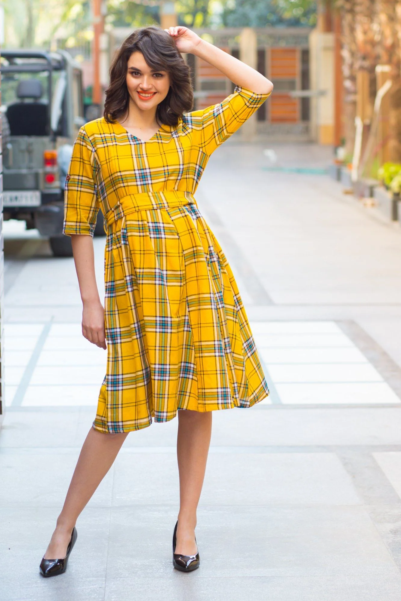 Spring Yellow Cotton Plaid Maternity & Nursing Dress - Chenance
