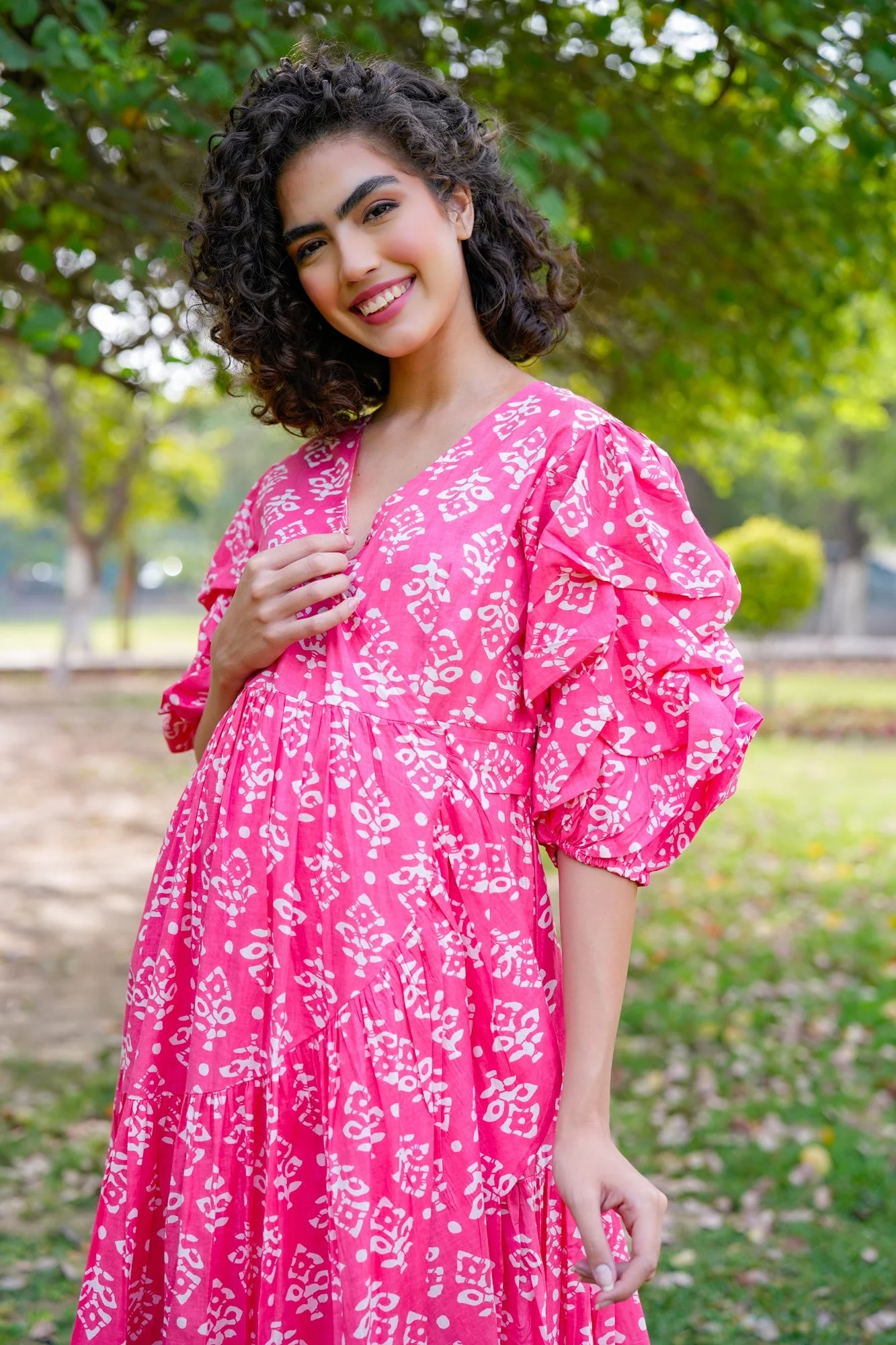 Winsome Baby Pink Maternity & Nursing Frill Wrap Dress (100% Cotton) - Chenance