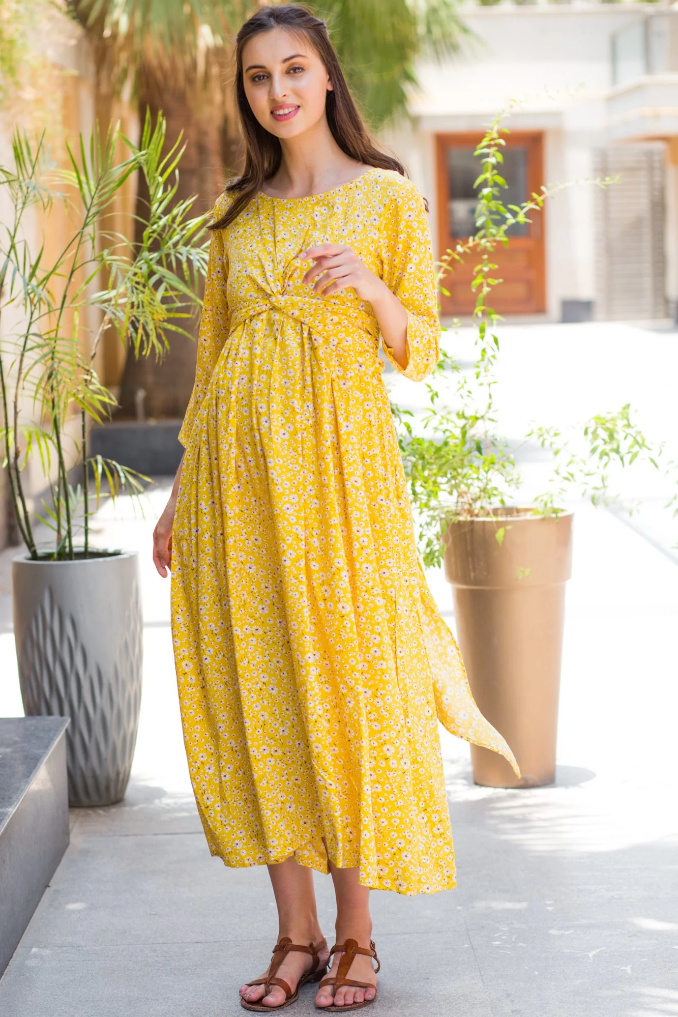Yellow Daisy Front Knot Maternity Midi Dress - Chenance