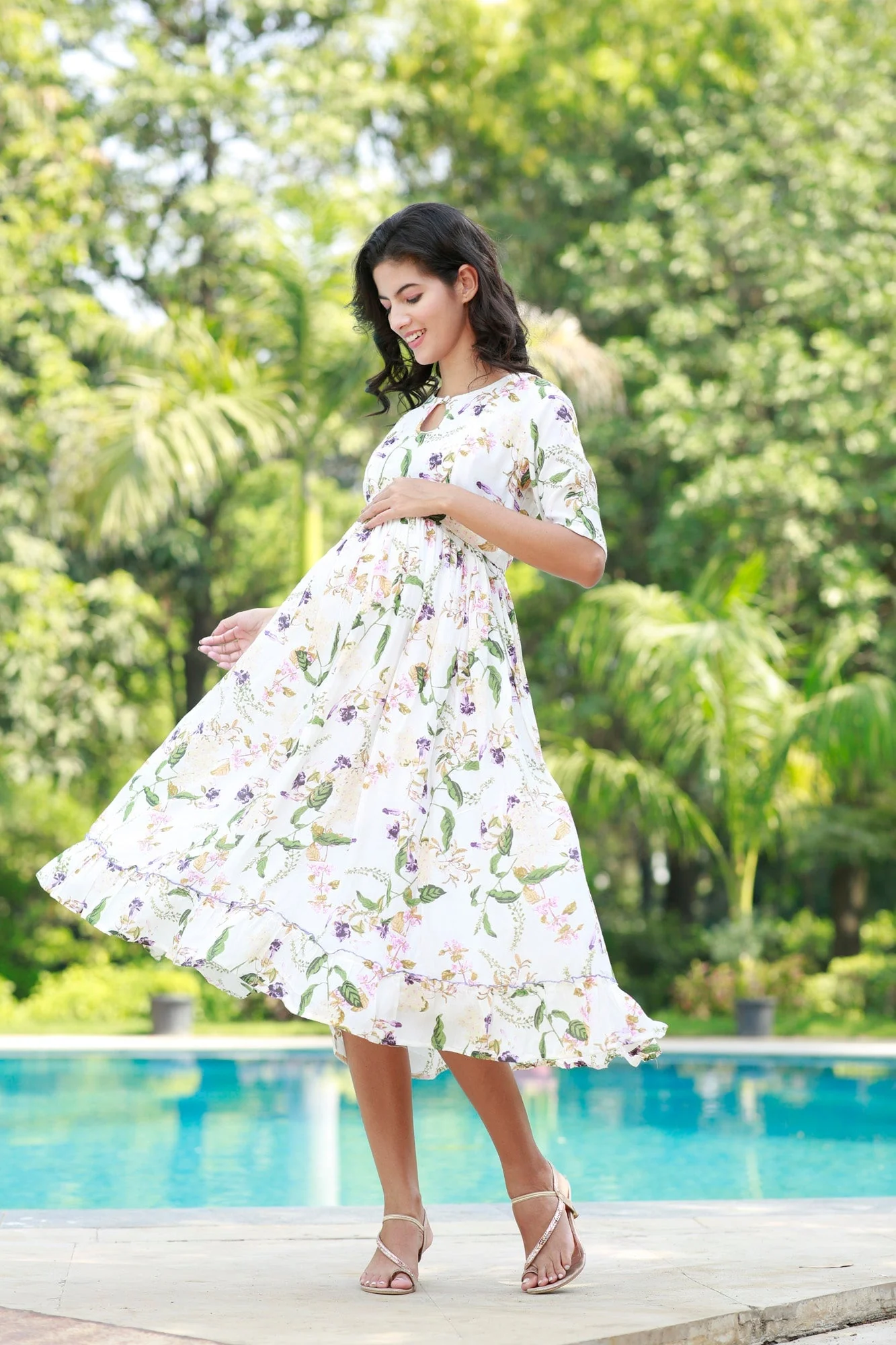 Boho Ivory Tropical Frill Concealed Zips Maternity & Nursing Dress - Chenance