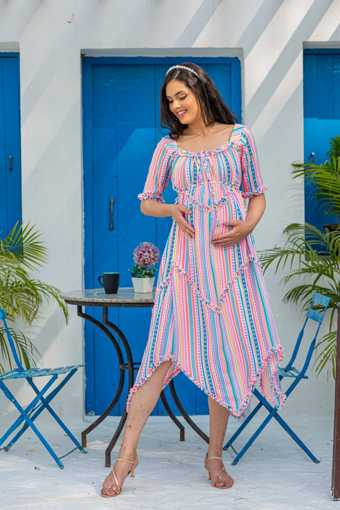 Angelic Vibrant Striped Long Maternity & Nursing Dress - Chenance