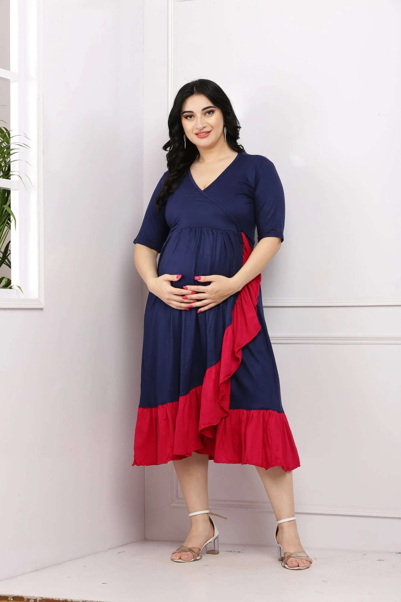 Midnight Blue Maternity & Nursing Frill Wrap Dress - Chenance