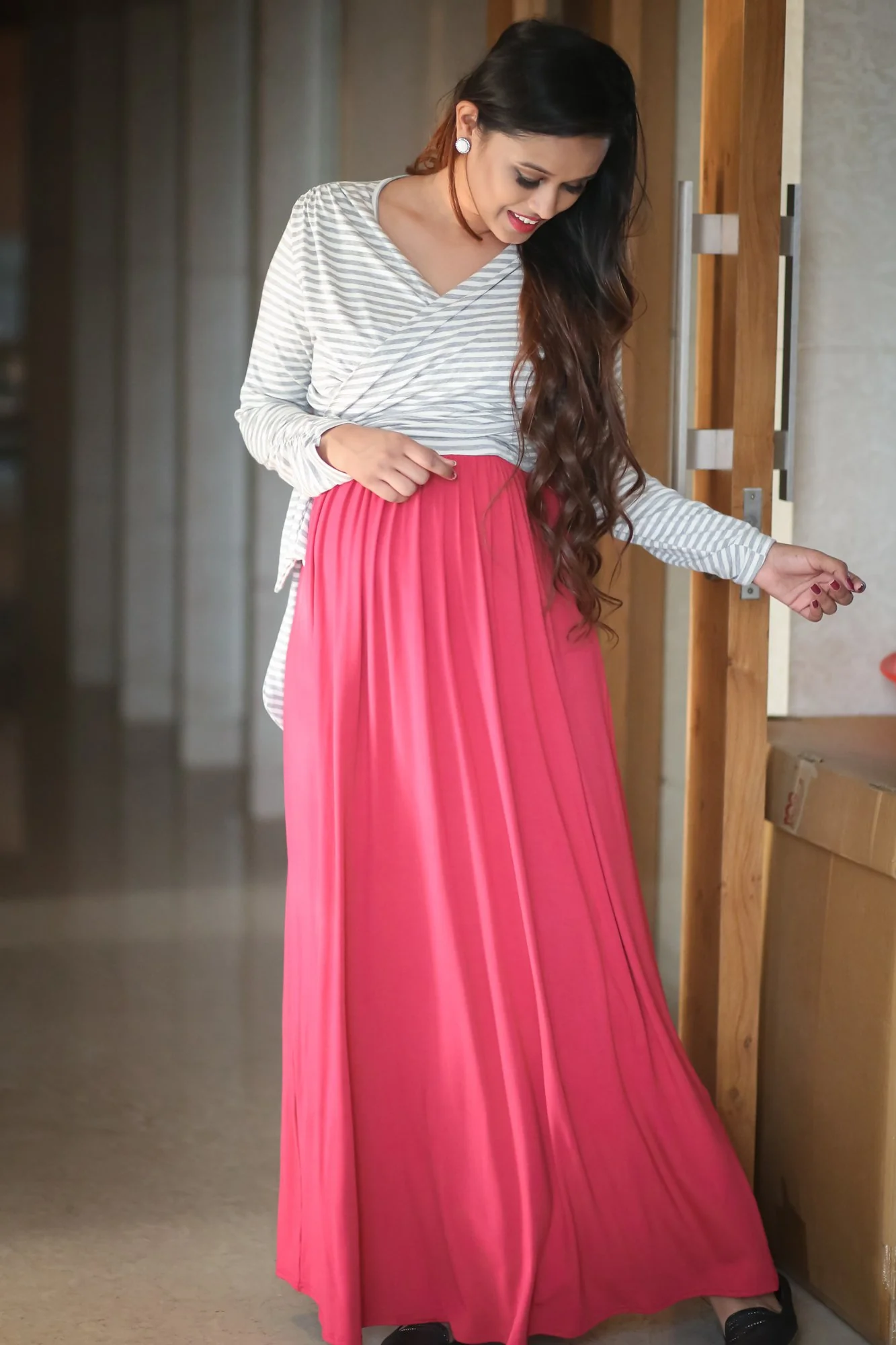 Pink Blush & Grey Striped Maternity And Nursing Wrap Dress - Chenance