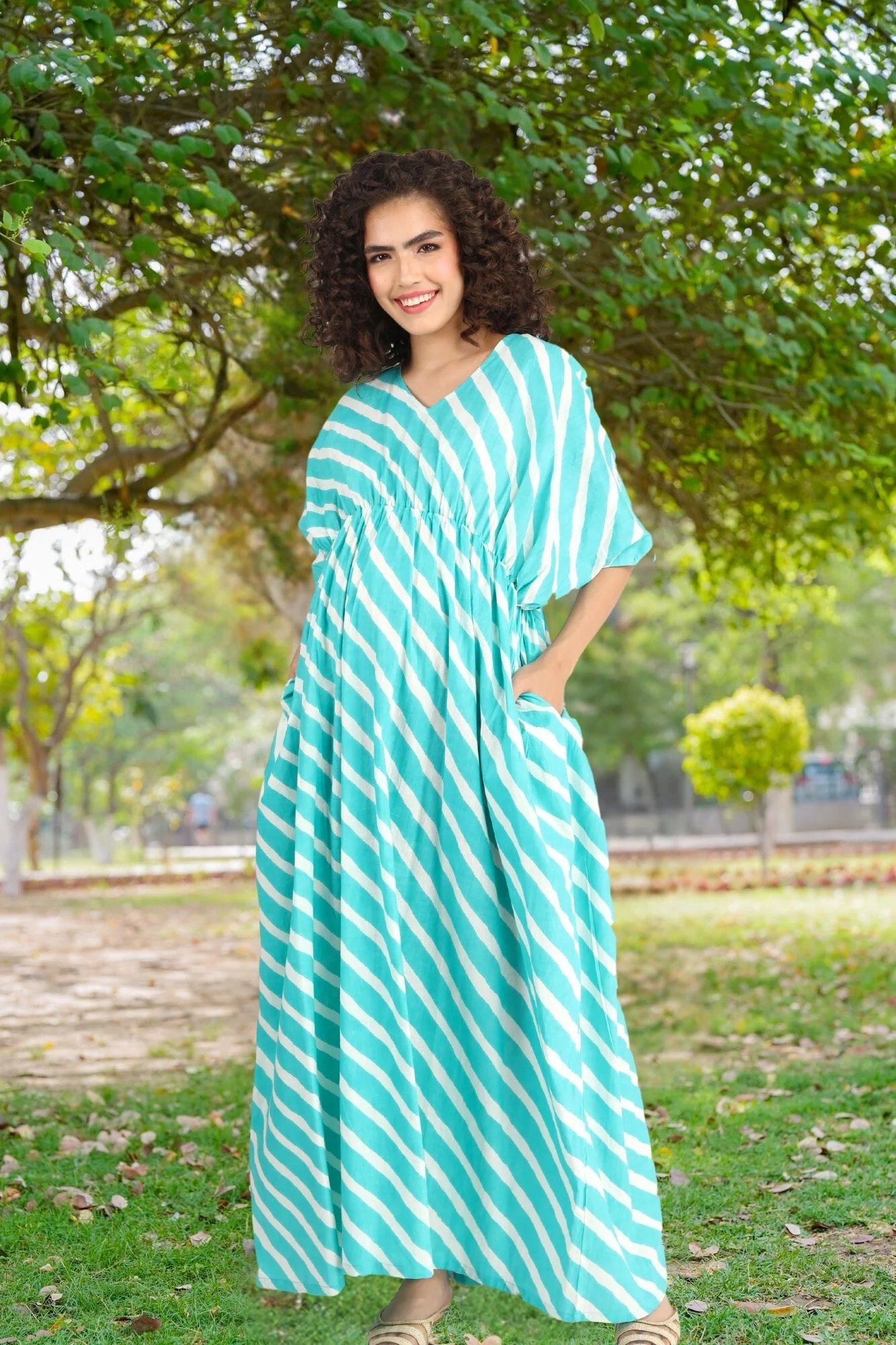 Teal Green Striped Maternity Kaftan Dress (100% Cotton) - Chenance