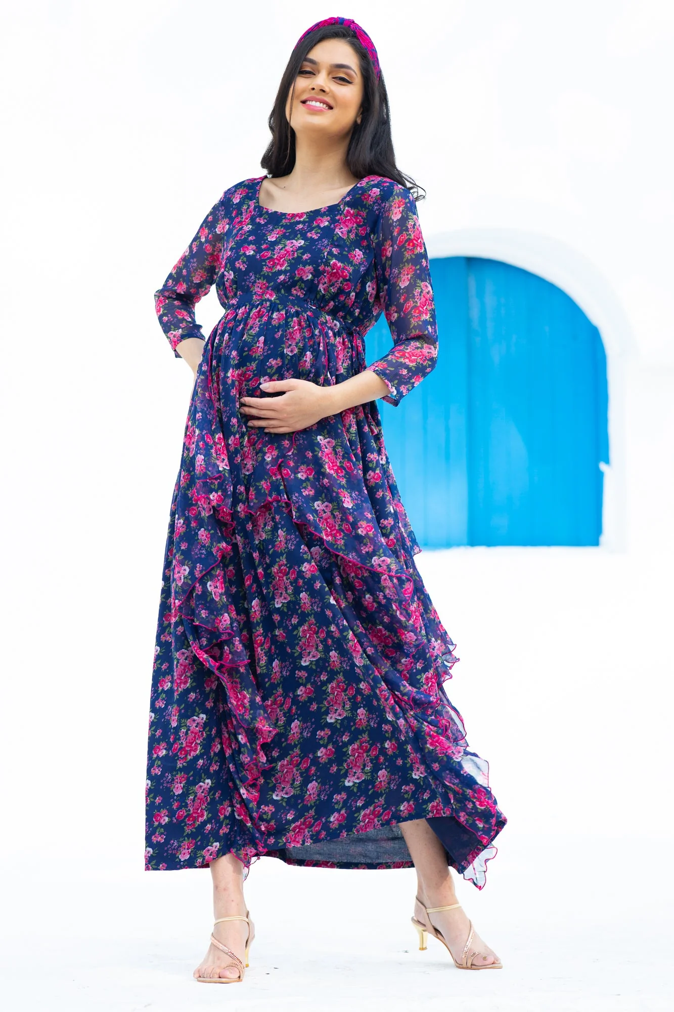 Midnight Bloom Maternity & Nursing Flow Dress - Chenance