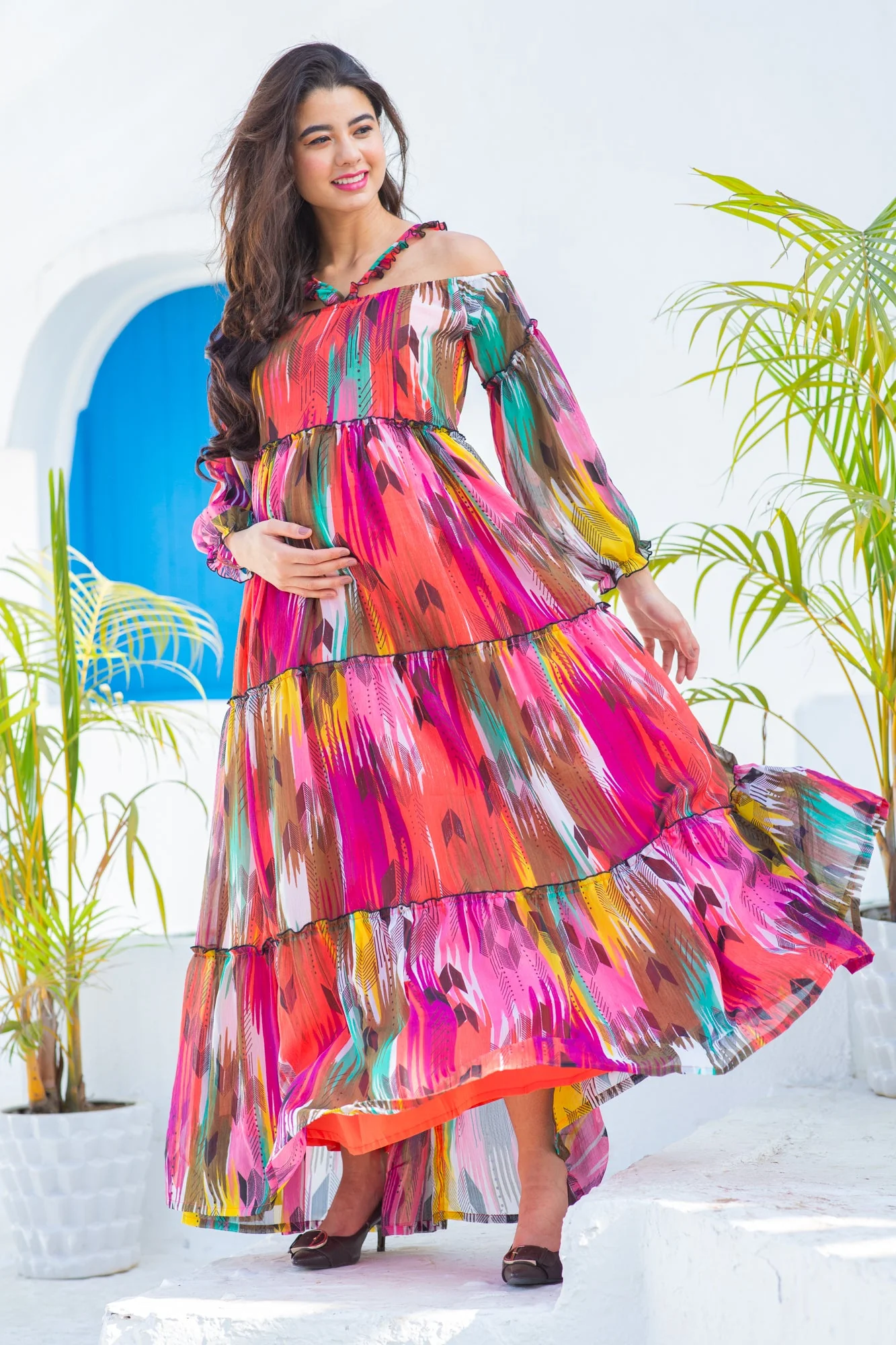 Eden Multicolor Chiffon Halter Maternity & Nursing Frill Dress - Chenance