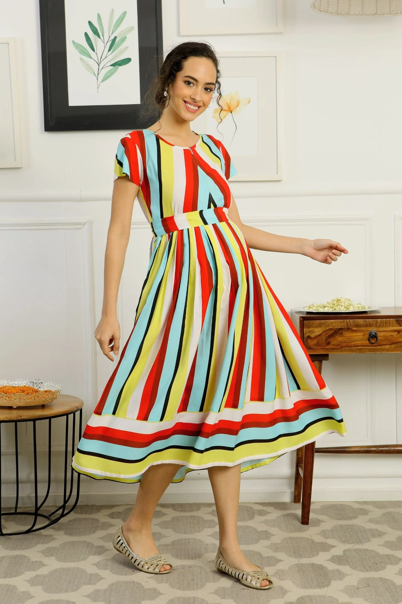 Retro Colorful Stripe Maternity & Nursing Dress - Chenance