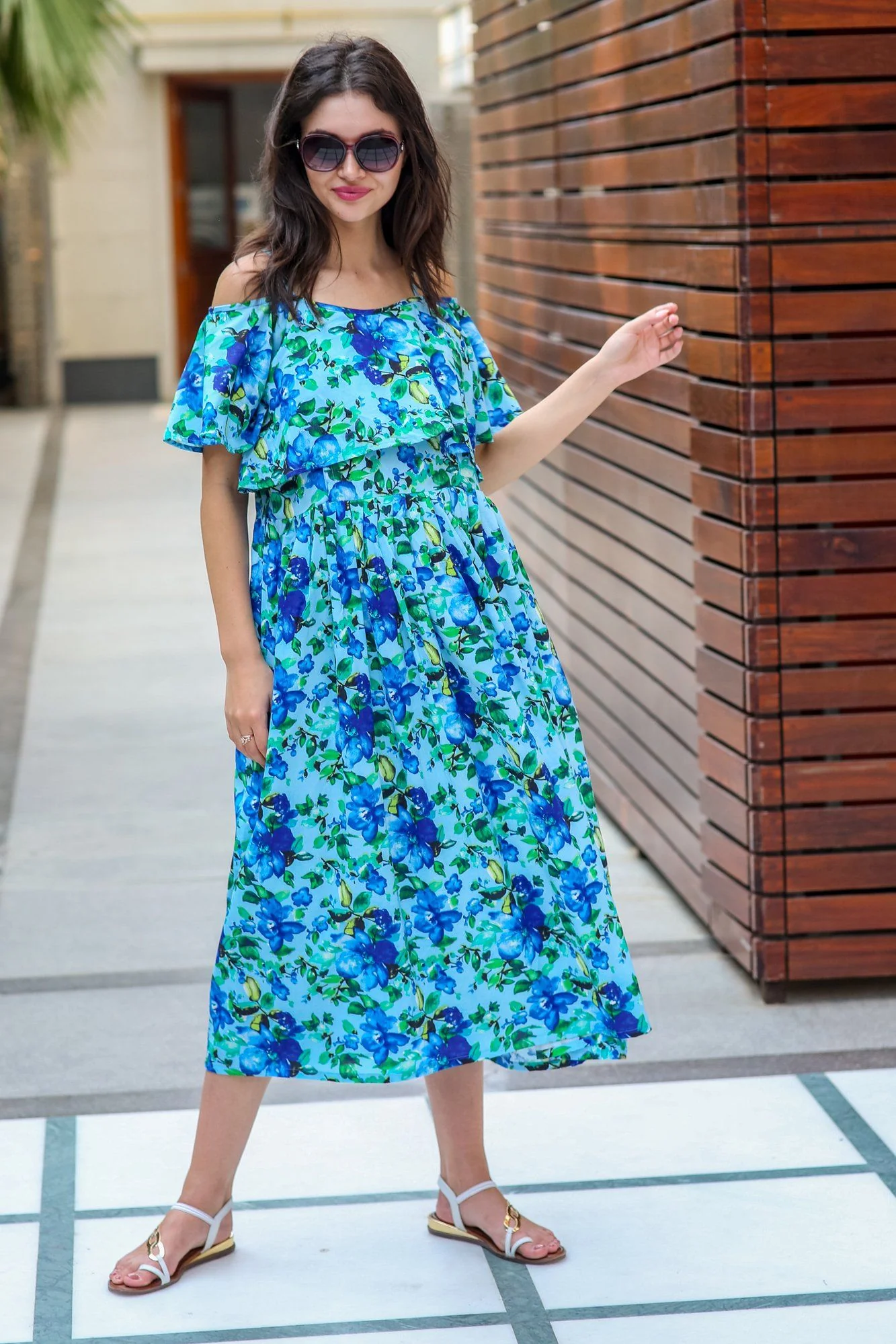 Aqua Leafy Cold Shoulder Maternity & Nursing Maxi - Chenance