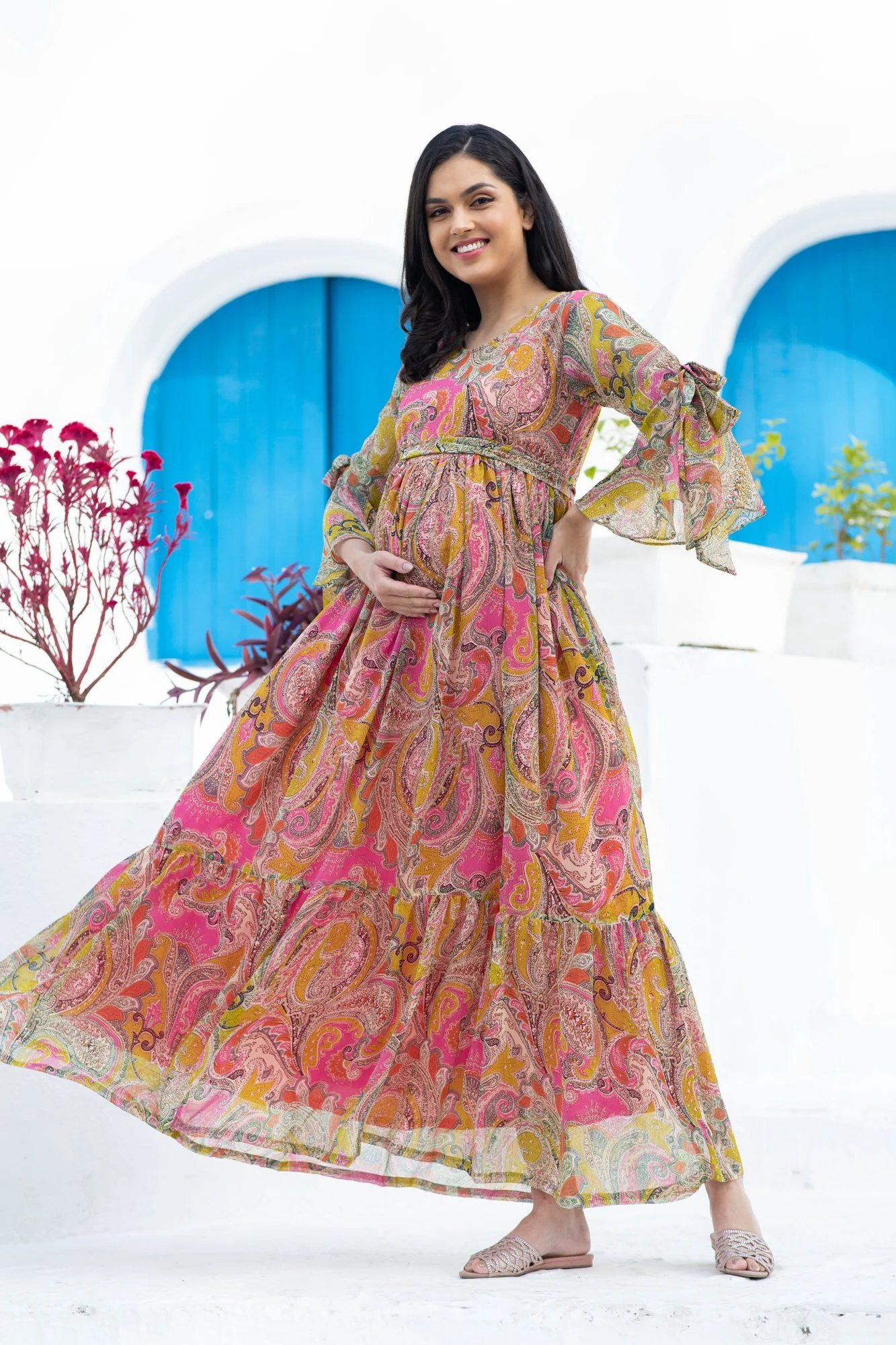 Rosy Paisley Maternity & Nursing Frill Dress - Chenance
