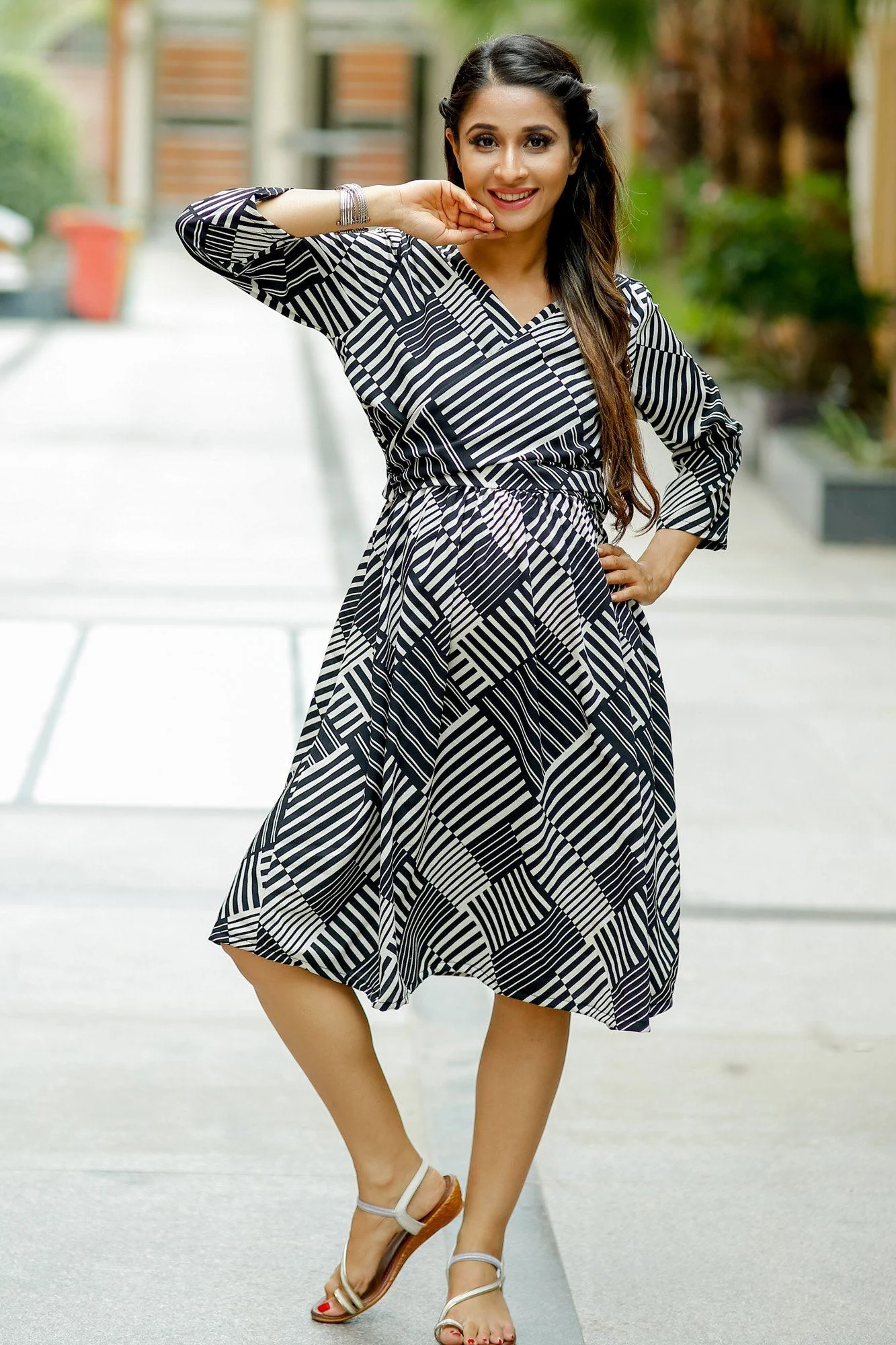 Black Printed Crepe Wrap Tie Maternity & Nursing Dress - Chenance