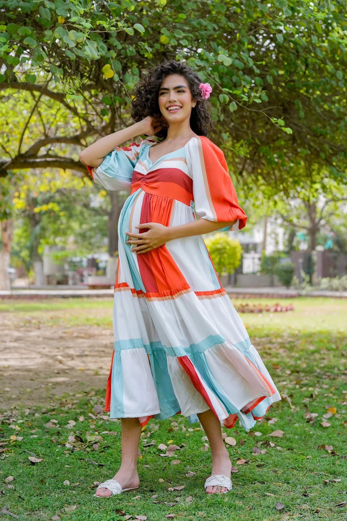 Cascading Retro Rust Ice Blue Striped Maternity Gathered Dress (100% Cotton) - Chenance