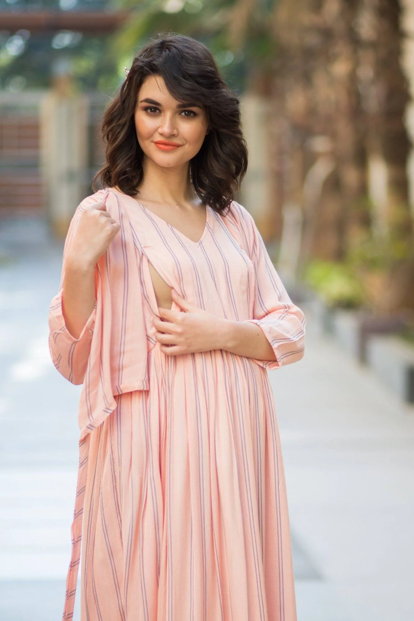 Peach Striped Maternity & Nursing Wrap Dress - Chenance