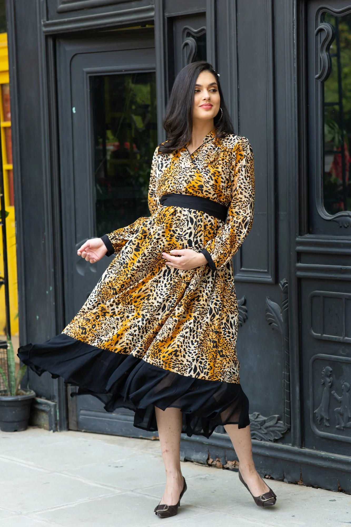 Premium Tropical Brown Maternity & Nursing Midi Wrap Dress - Chenance