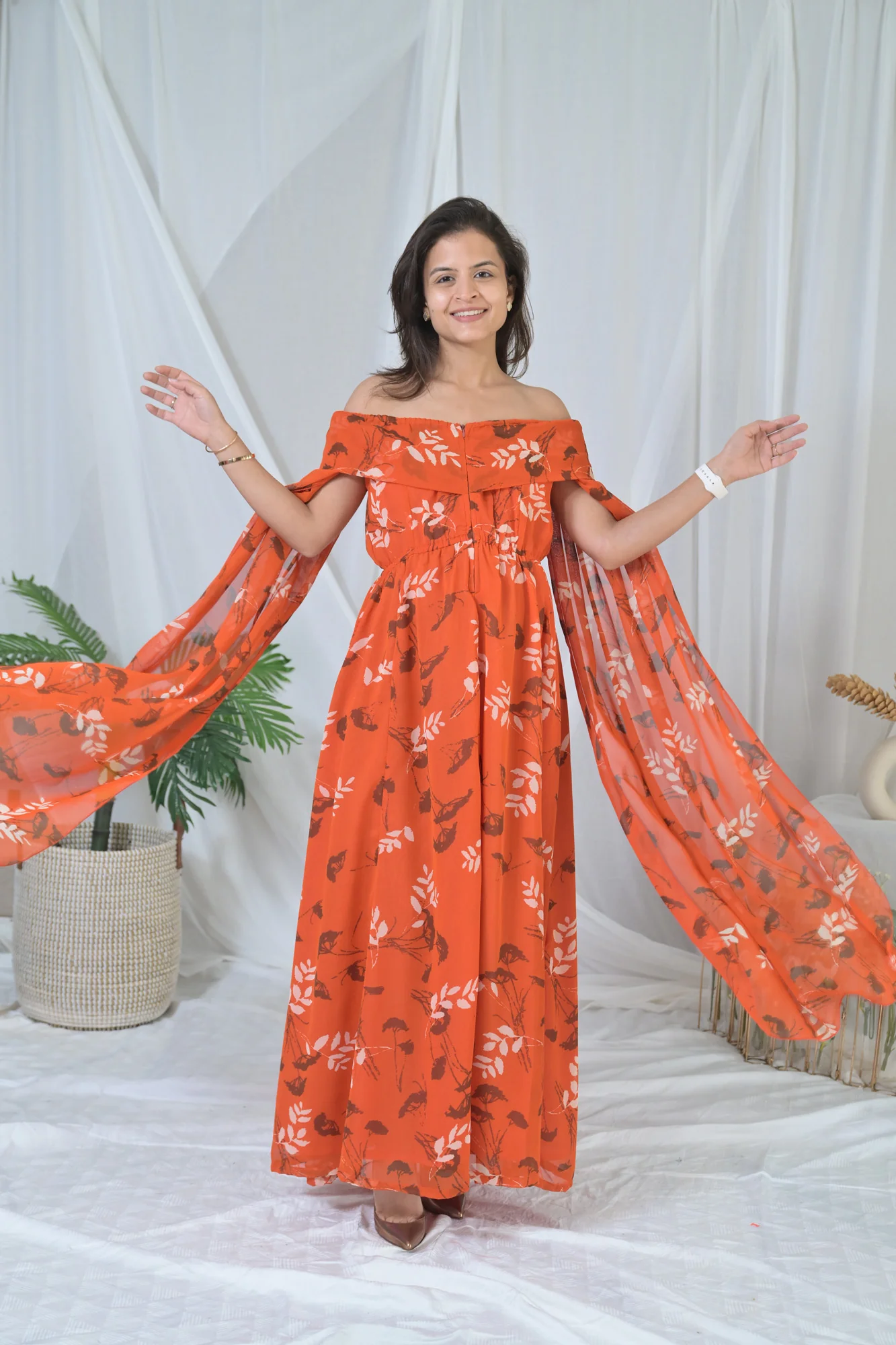 Elegant Rust Floral Butterflying Sleeves Maternity & Nursing Dress - Chenance