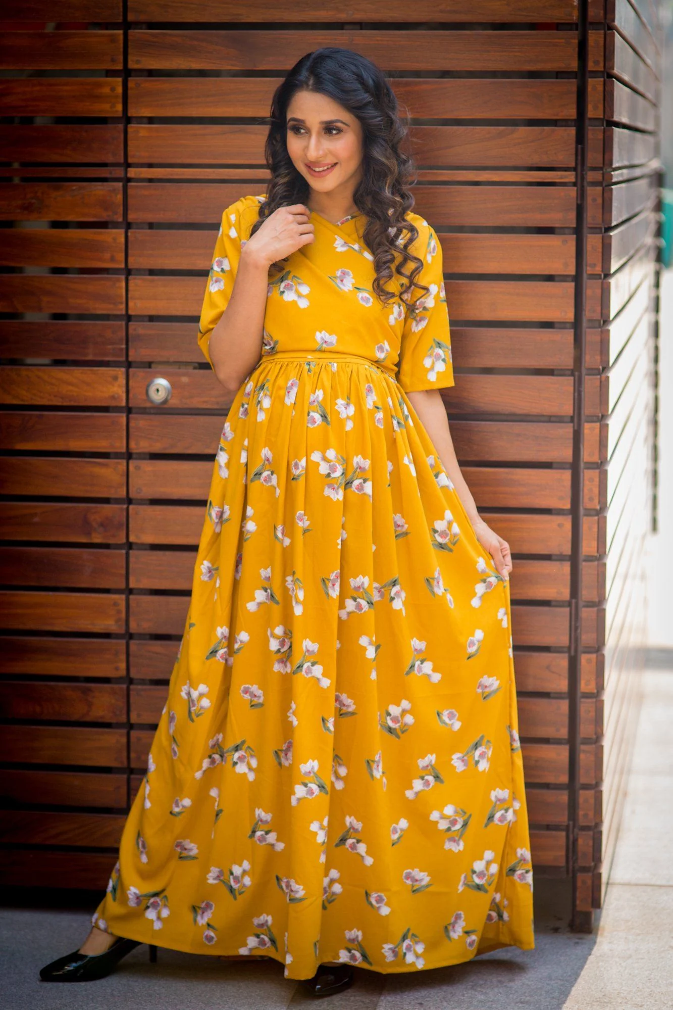 Daffodil Mustard Yellow Maternity & Nursing Crepe Wrap Dress - Chenance