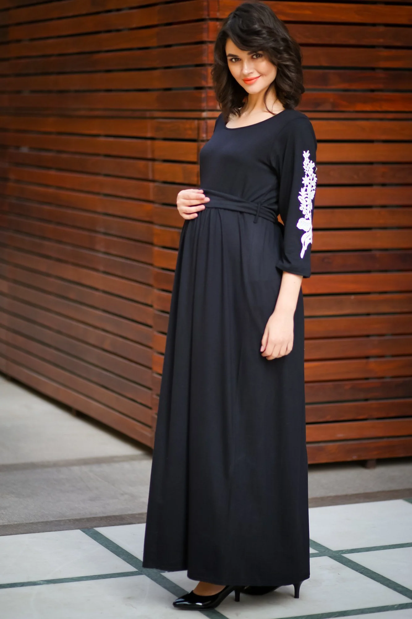 Premium Black Lycra Crochet Sleeves Maternity Dress - Chenance