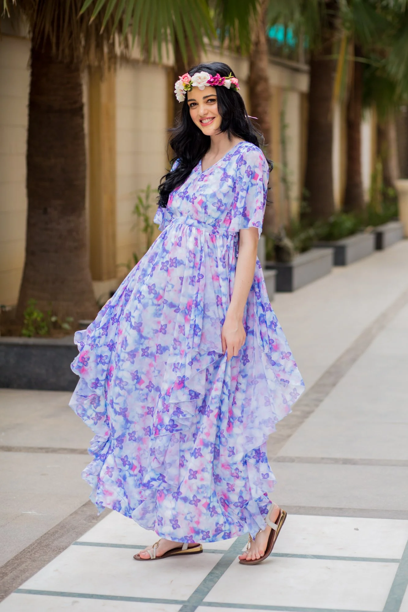 Purple Pink Butterfly Cascading Maternity Flow Dress - Chenance