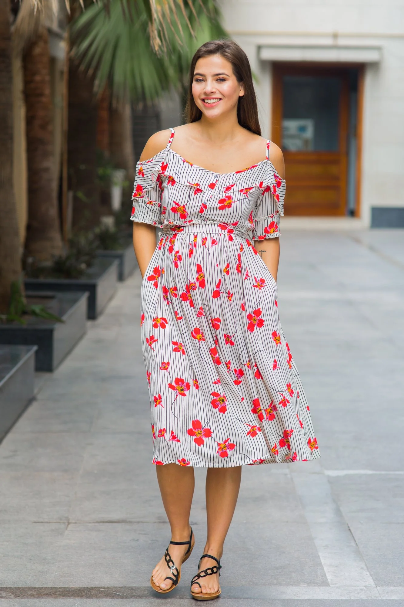 Exclusive Grey Red Stripe Front Zip Maternity & Nursing Maxi Dress - Chenance