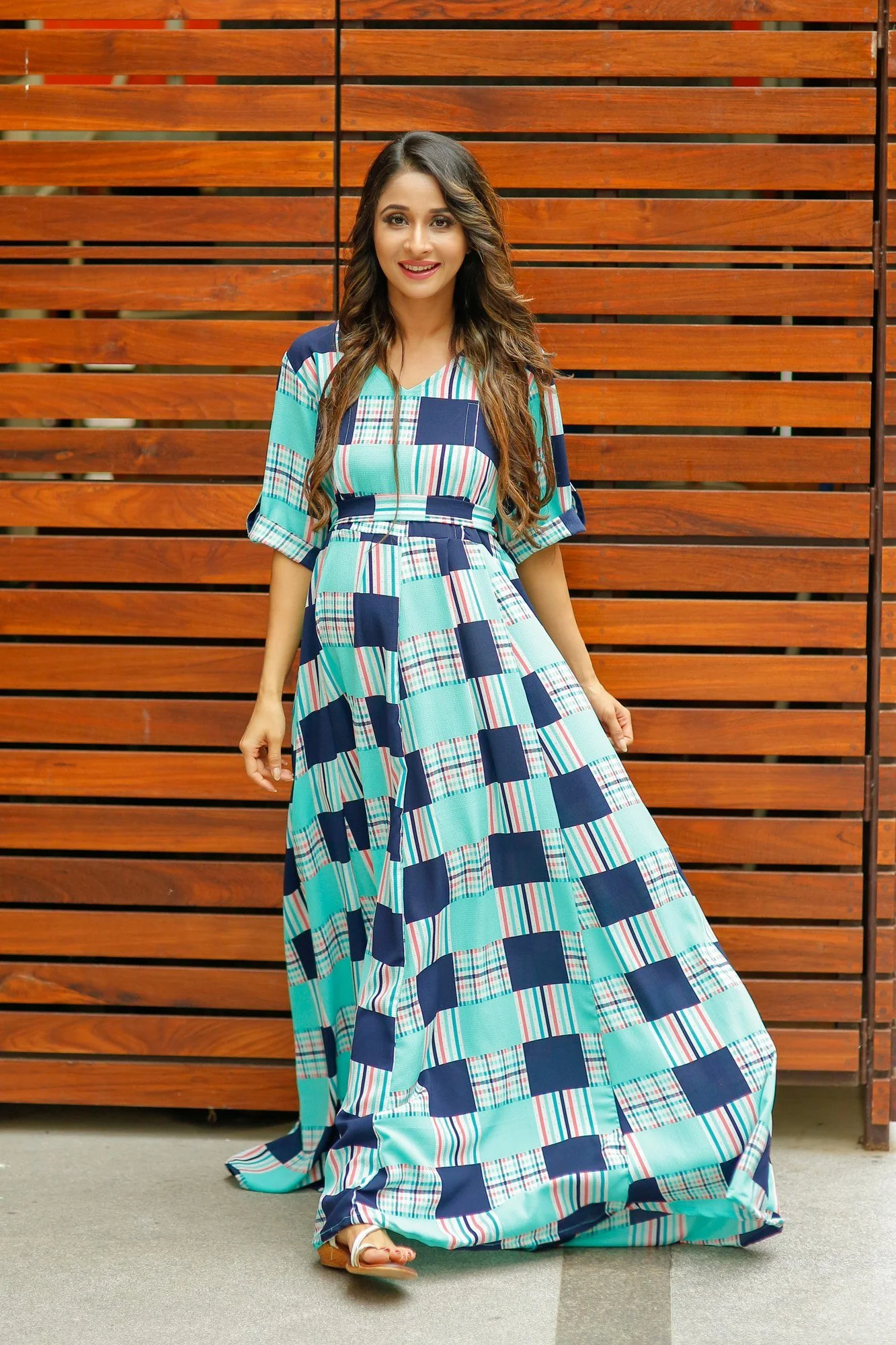 Green Check Concealed Zips Maternity & Nursing Maxi Dress - Chenance