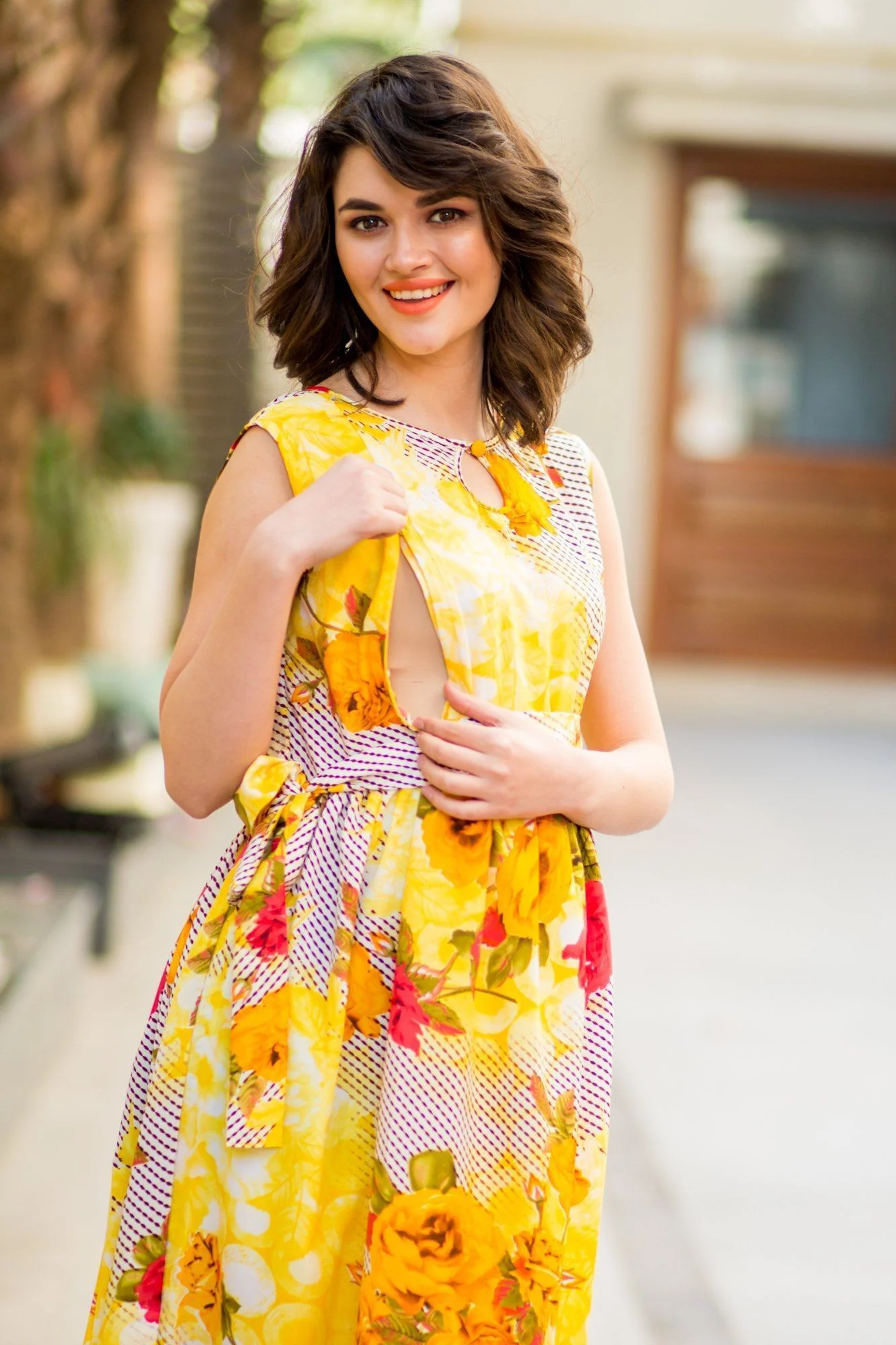 Sunny Floral Frill Concealed Zips Maternity & Nursing Dress - Chenance