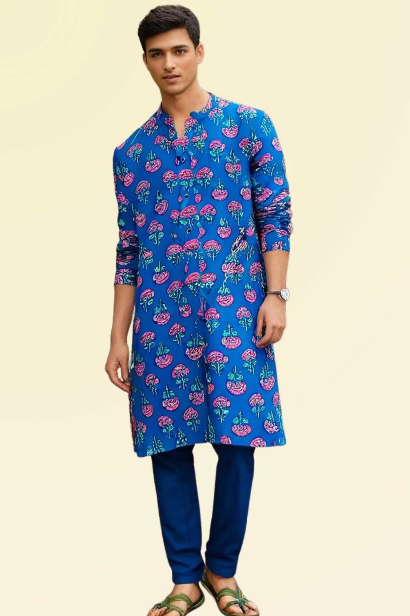 Men Blue Floral Kurta Sets (2pc) - Chenance