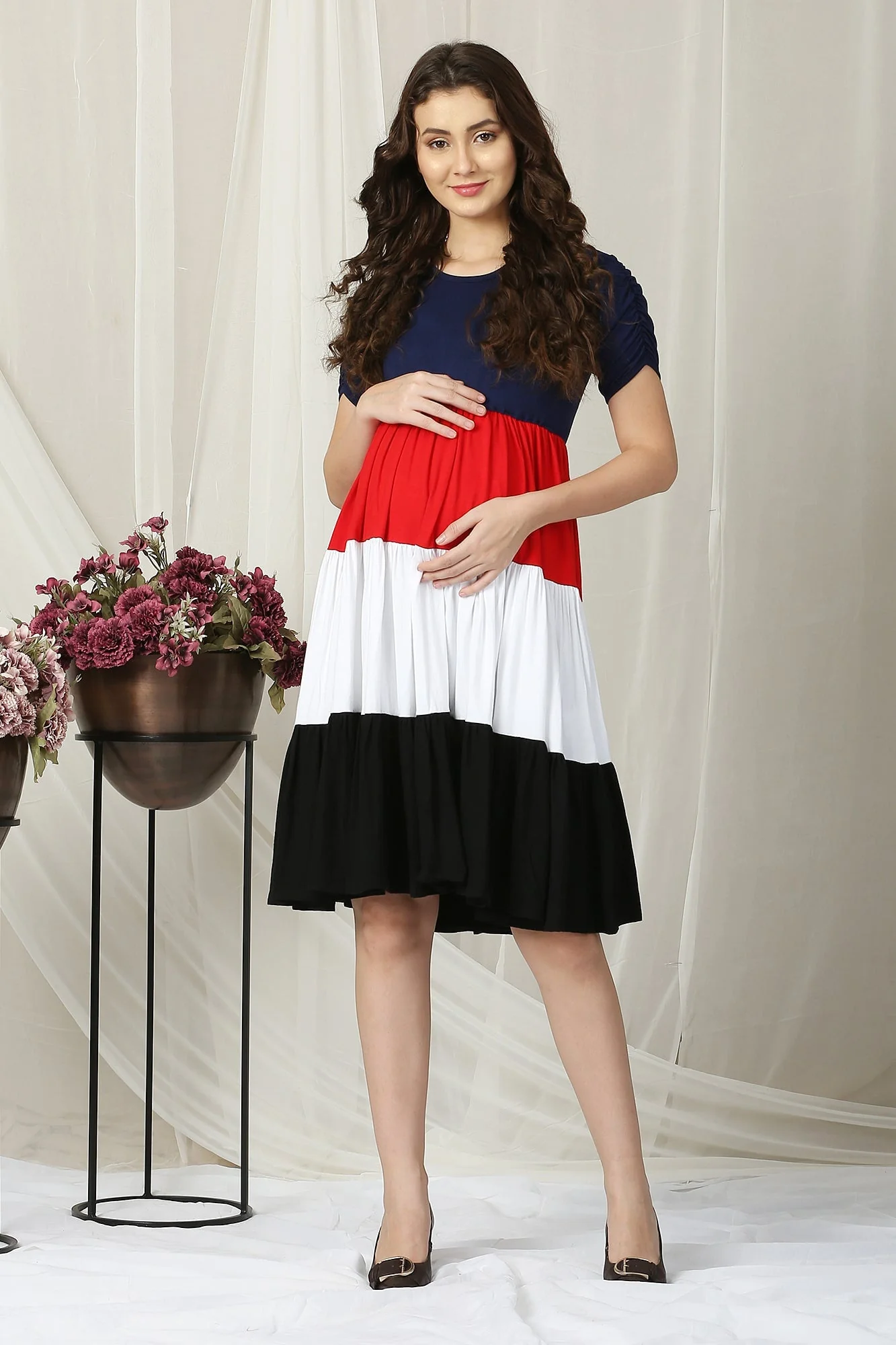 Fashionable Peppy Blue & Red Layered Maternity Top - Chenance