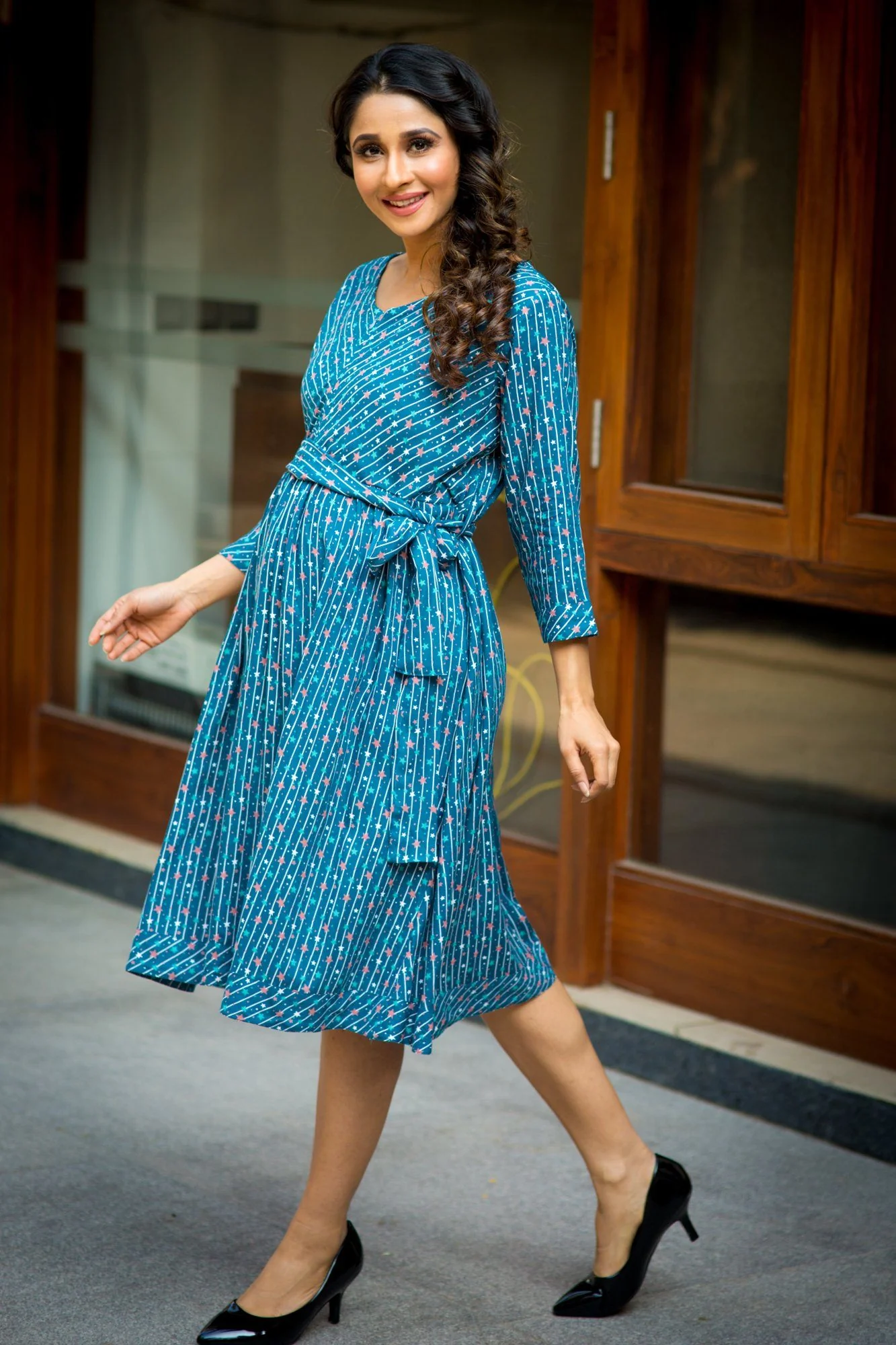 Starry Blue Striped Maternity & Nursing Front Zip Dress - Chenance