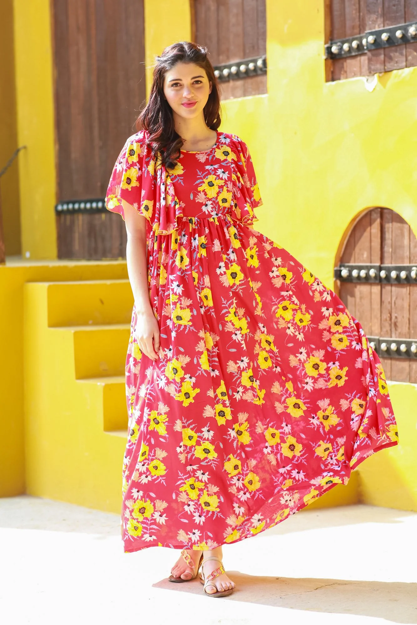 Berry Red Floral Maternity & Nursing Flap Dress - Chenance