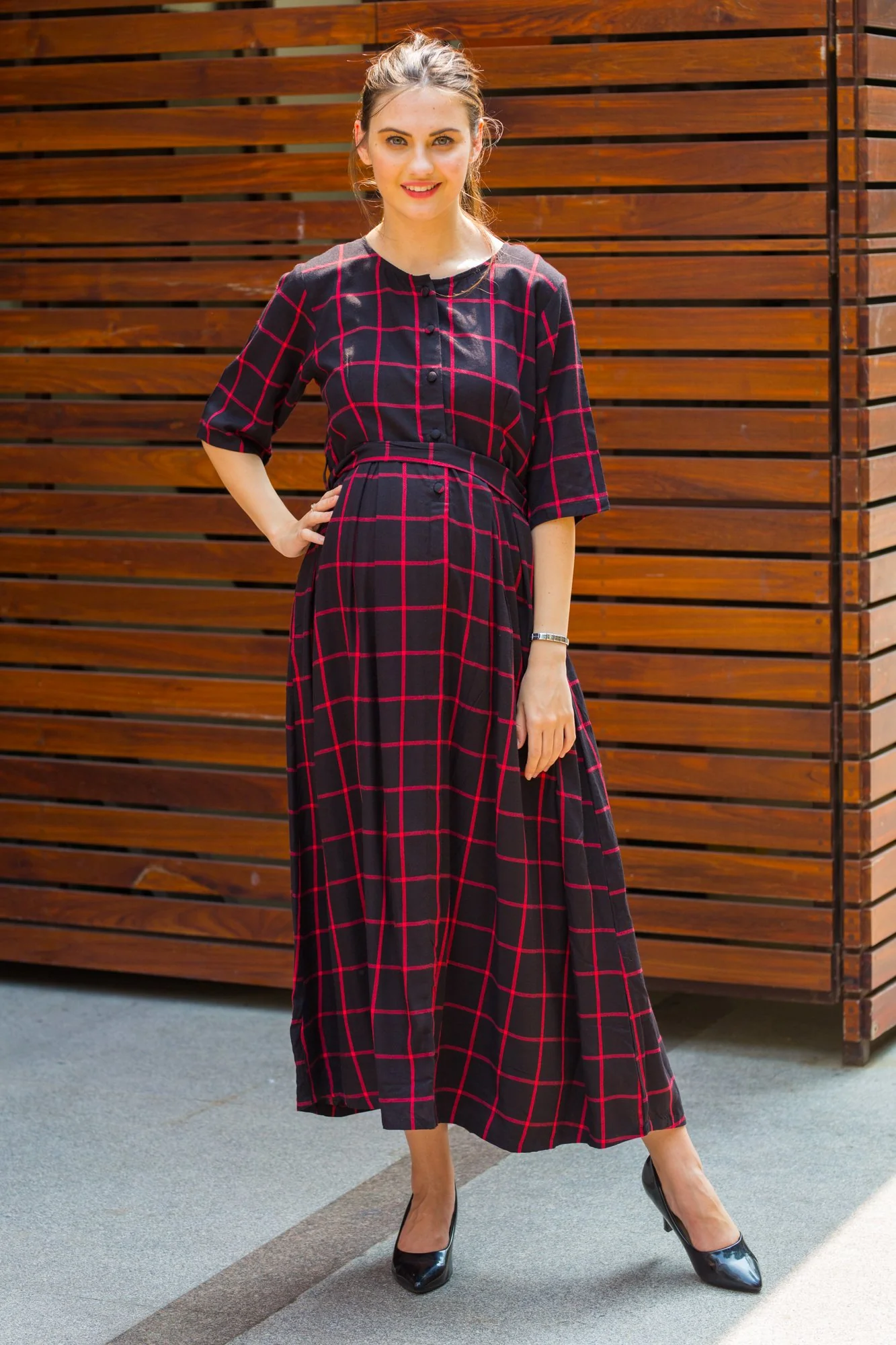 Black Red Viscose Plaid Maternity and Nursing Dress - Chenance