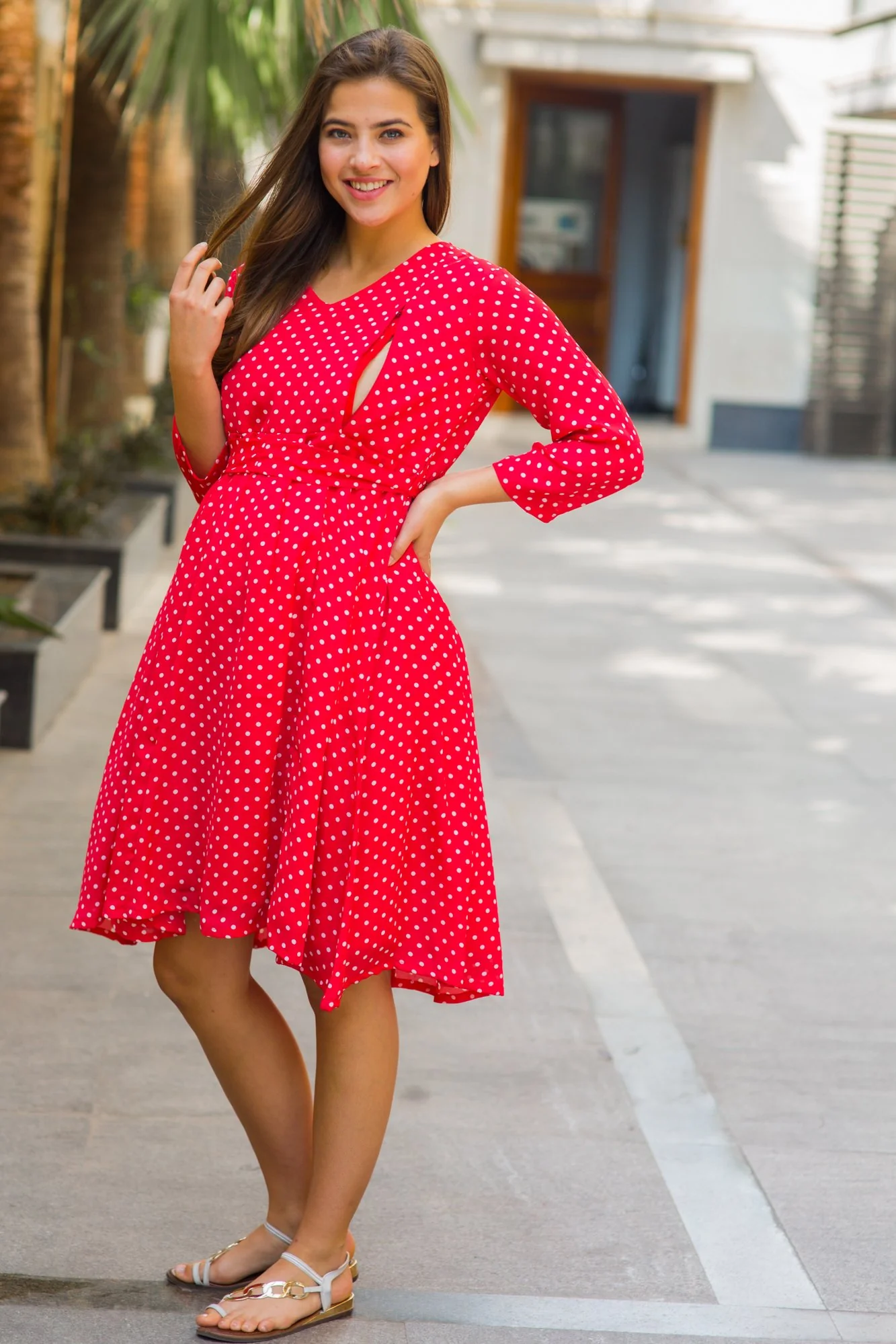 Chirpy Red Polka Maternity & Nursing Dress - Chenance