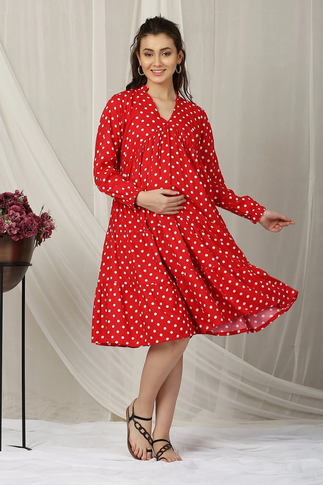 Timeless Red Polka Maternity & Nursing Layered Dress - Chenance