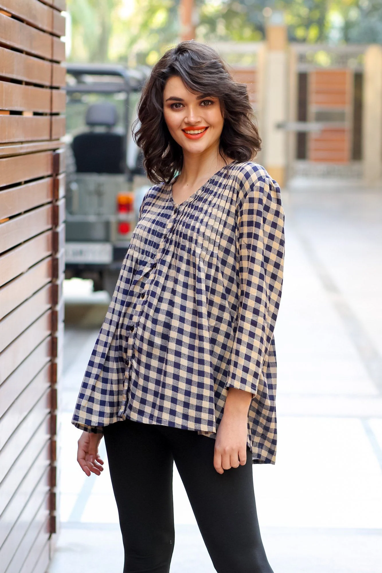 Classic Check Pintucks Maternity & Nursing Shirt - Chenance