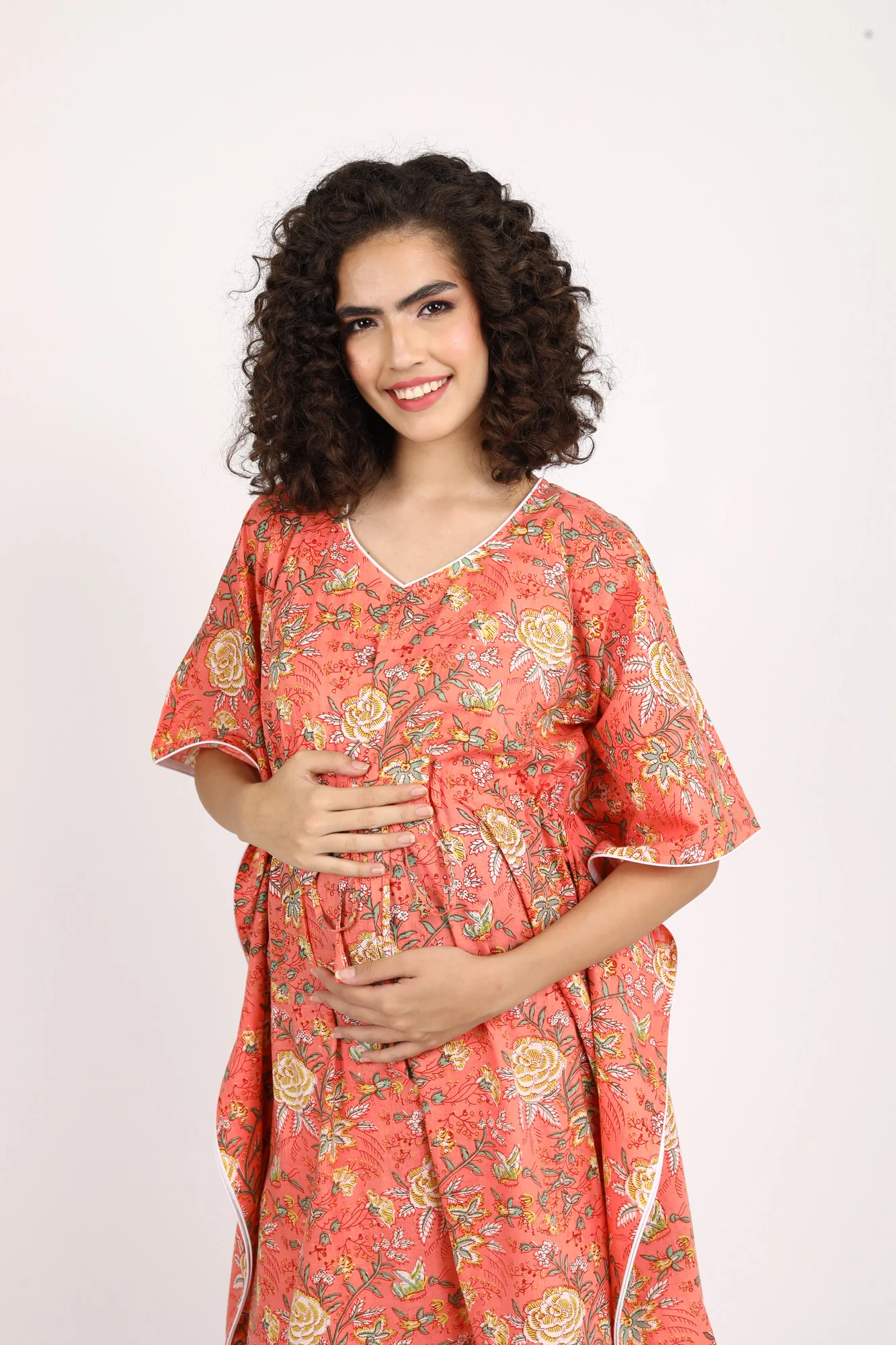 Luxe Tangerine Red Maternity Lounge Kaftan Set (2 pc) (100% Cotton) - Chenance
