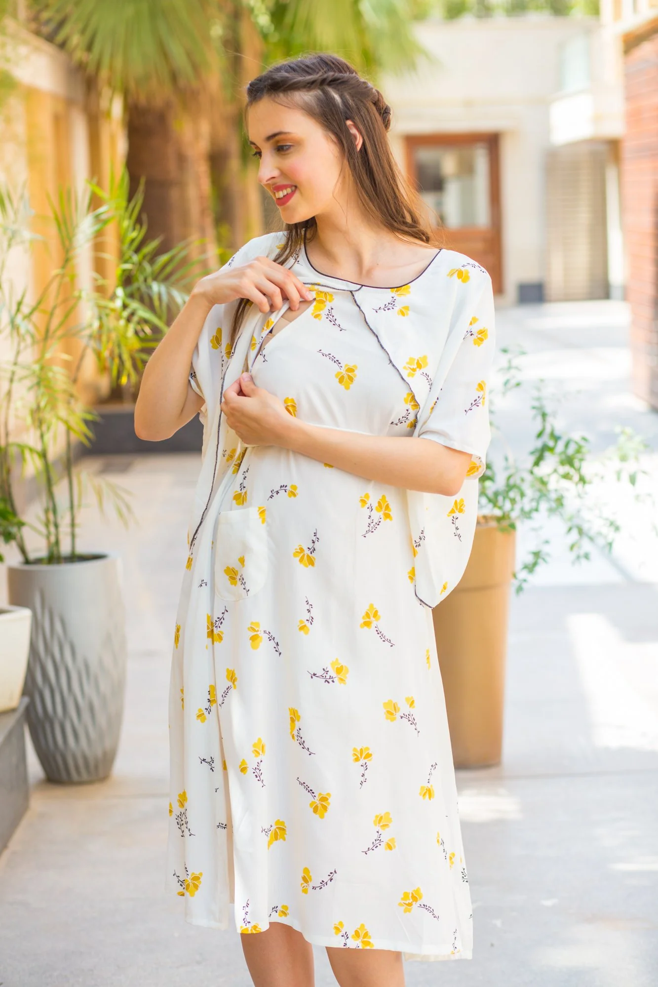 Pristine White Yellow Maternity & Nursing Flap Dress - Chenance