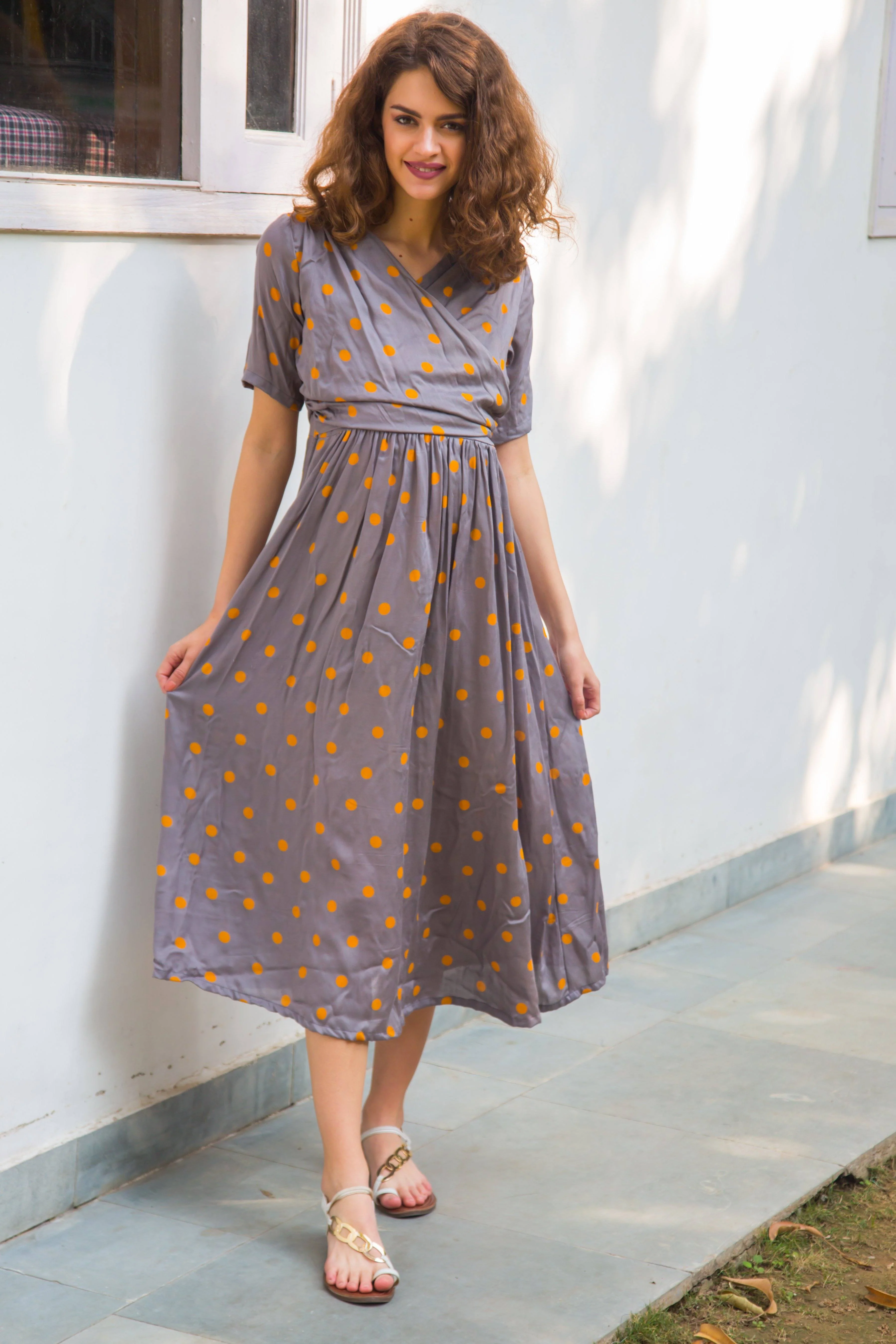Amber Grey Polka Maternity & Nursing Wrap Midi Dress - Chenance
