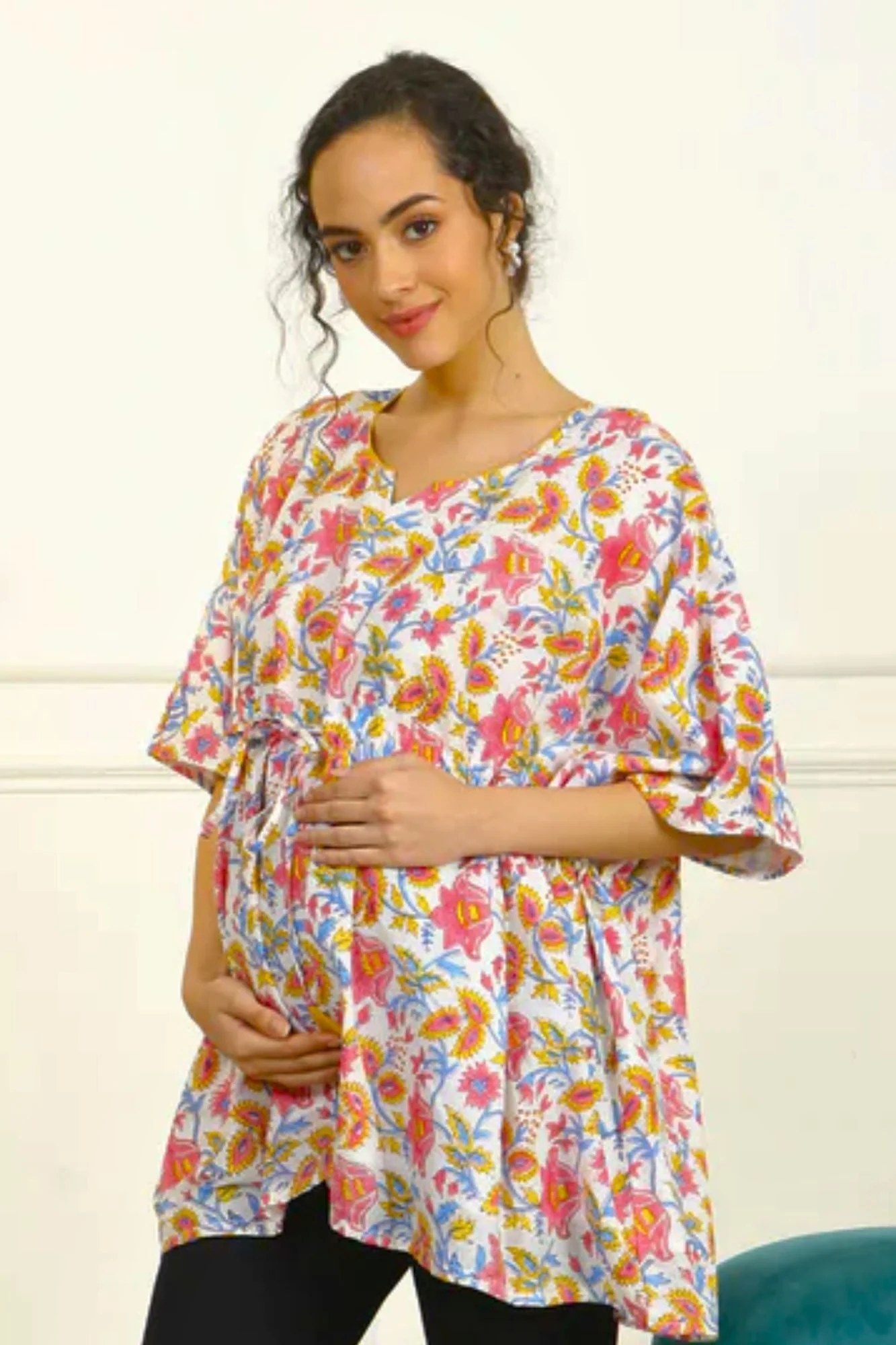 Bohemian White Flower bomb Maternity Kaftan Top (100% Cotton) - Chenance