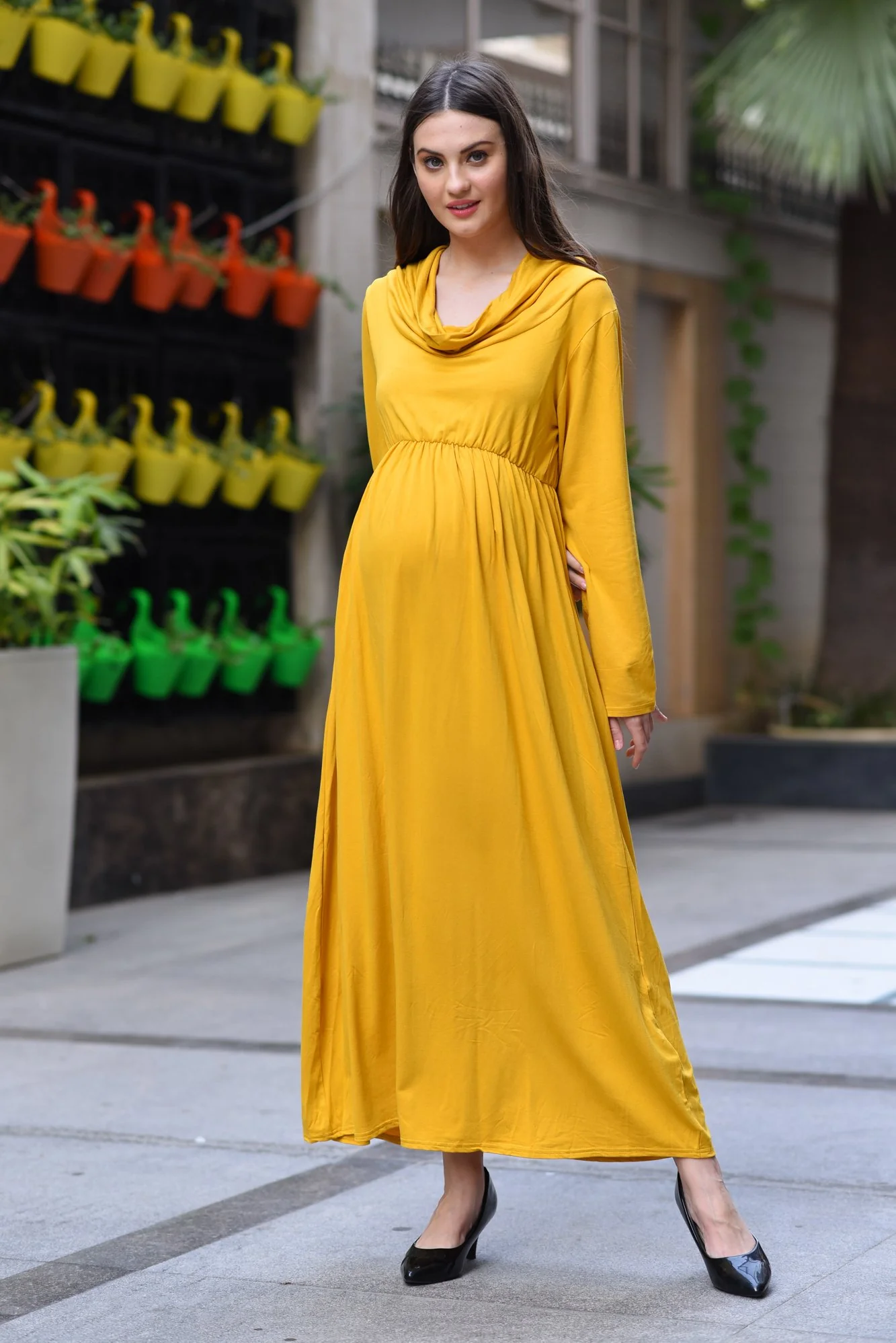 Honey Yellow Cowl Neck Off-Shoulder Maternity Maxi Dress - Chenance