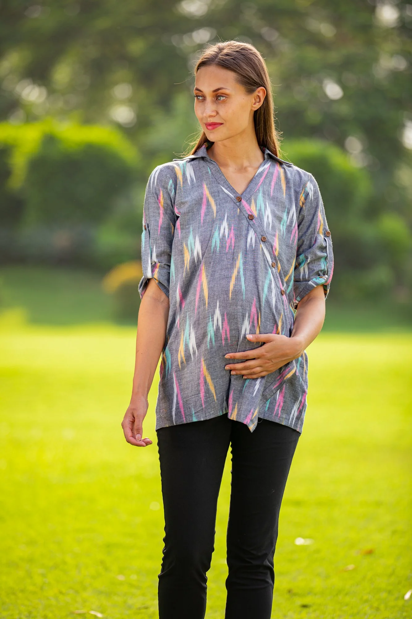 Grey Ikat Gathered Viscose Maternity and Nursing Shirt - Chenance