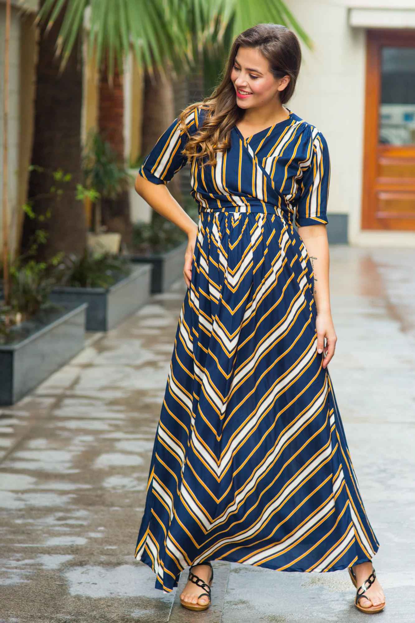 Royal Navy Striped Maternity & Nursing Wrap Dress - Chenance