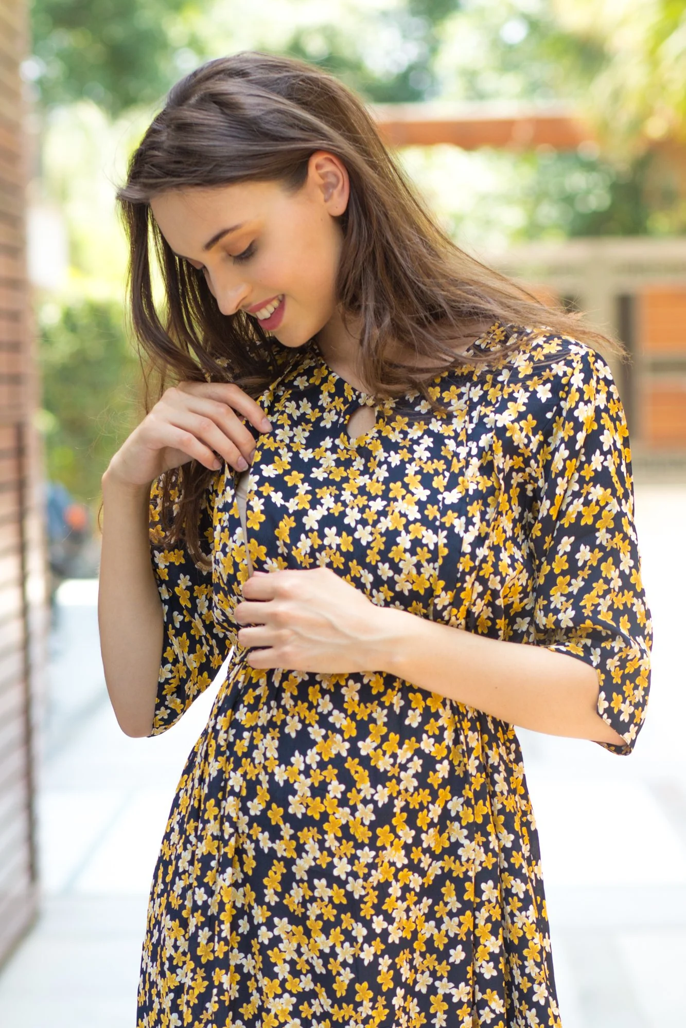 Ebony Blossom Side Slit Concealed Zips Maternity & Nursing Dress - Chenance