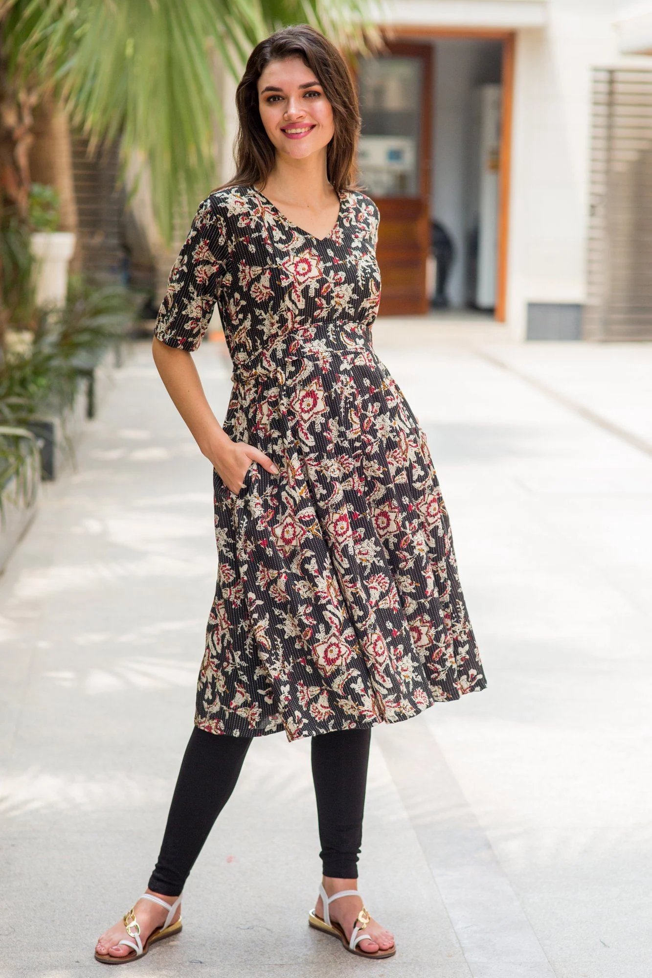 Raven Indian Motif Maternity & Nursing Cotton Kurta Dress - Chenance
