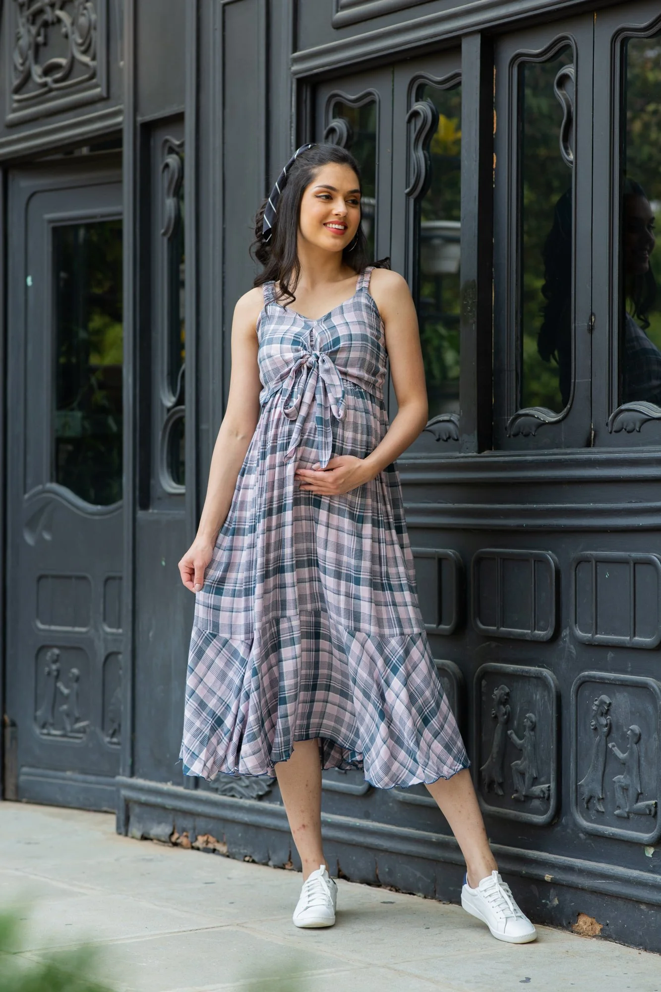 Arctic Plaid Dual Bow Maternity Dress - Chenance