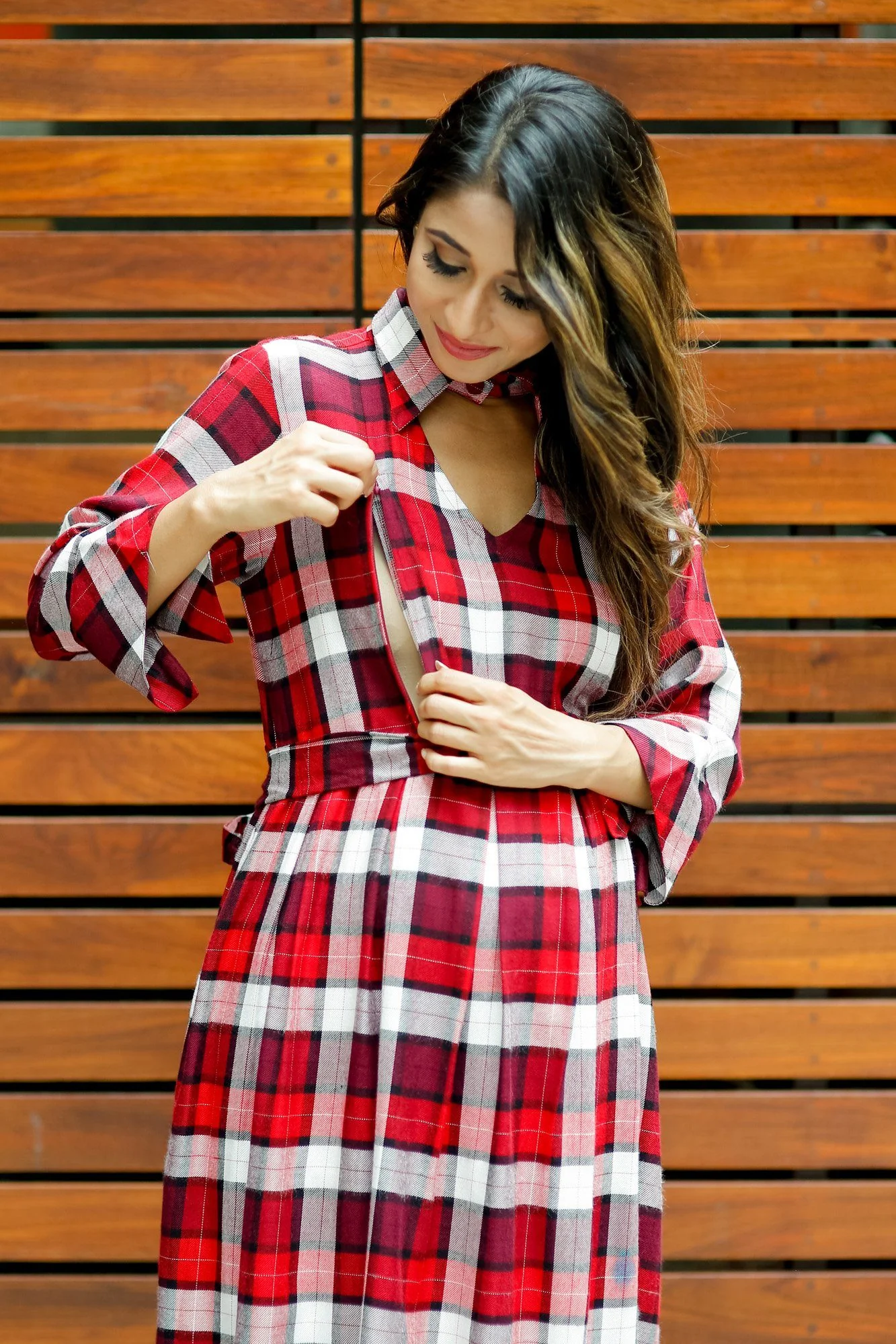 Slick Red Plaid Maternity & Nursing Button Dress - Chenance