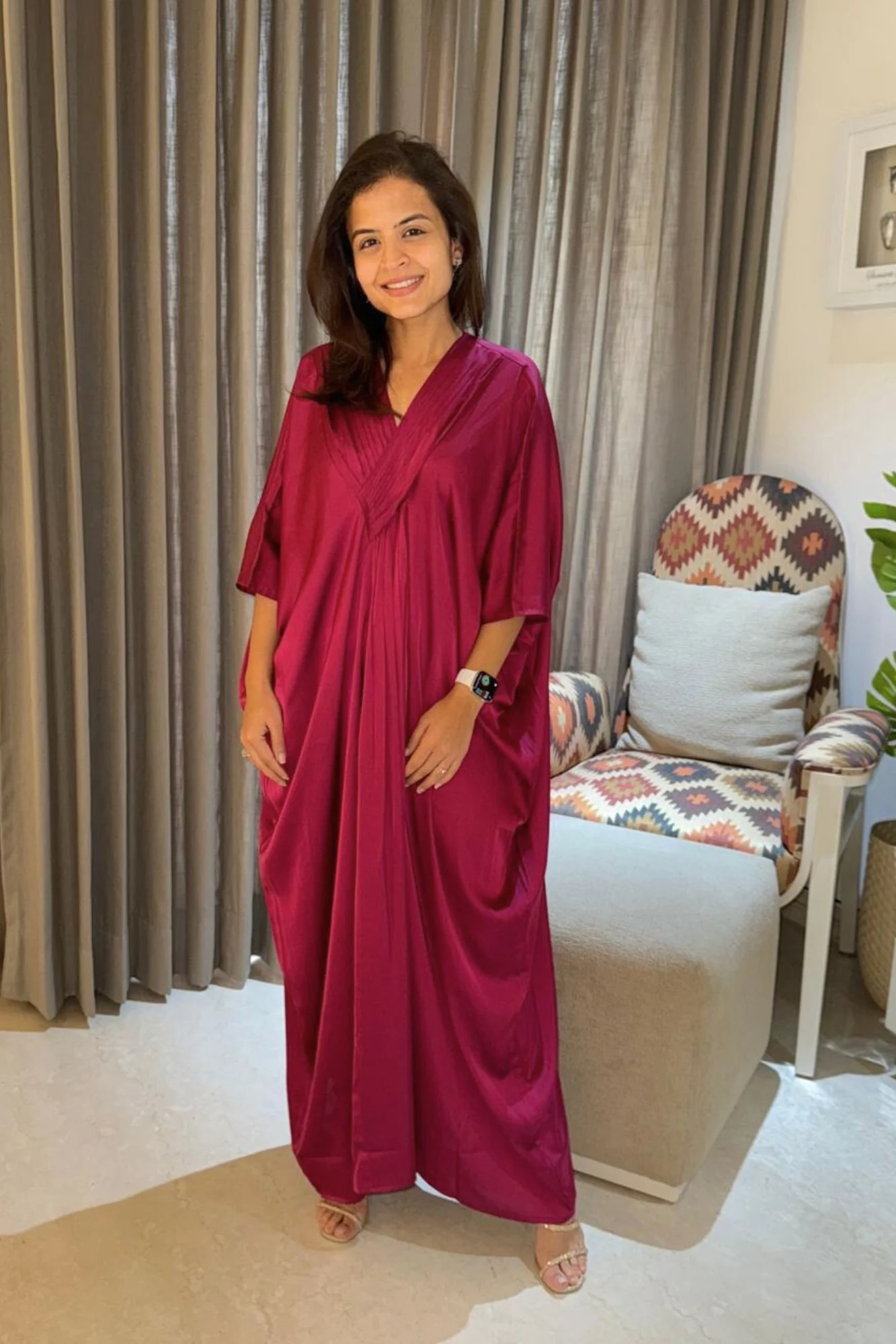 Luxe Hot Pink Satin Maternity Kaftan - Chenance