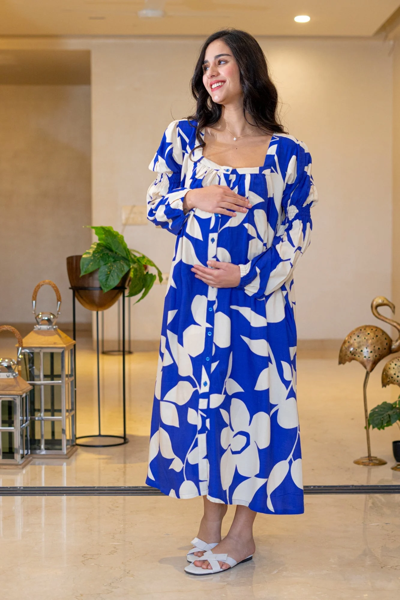 Admiral Blue Leafy Maternity & Nursing Dress - Chenance