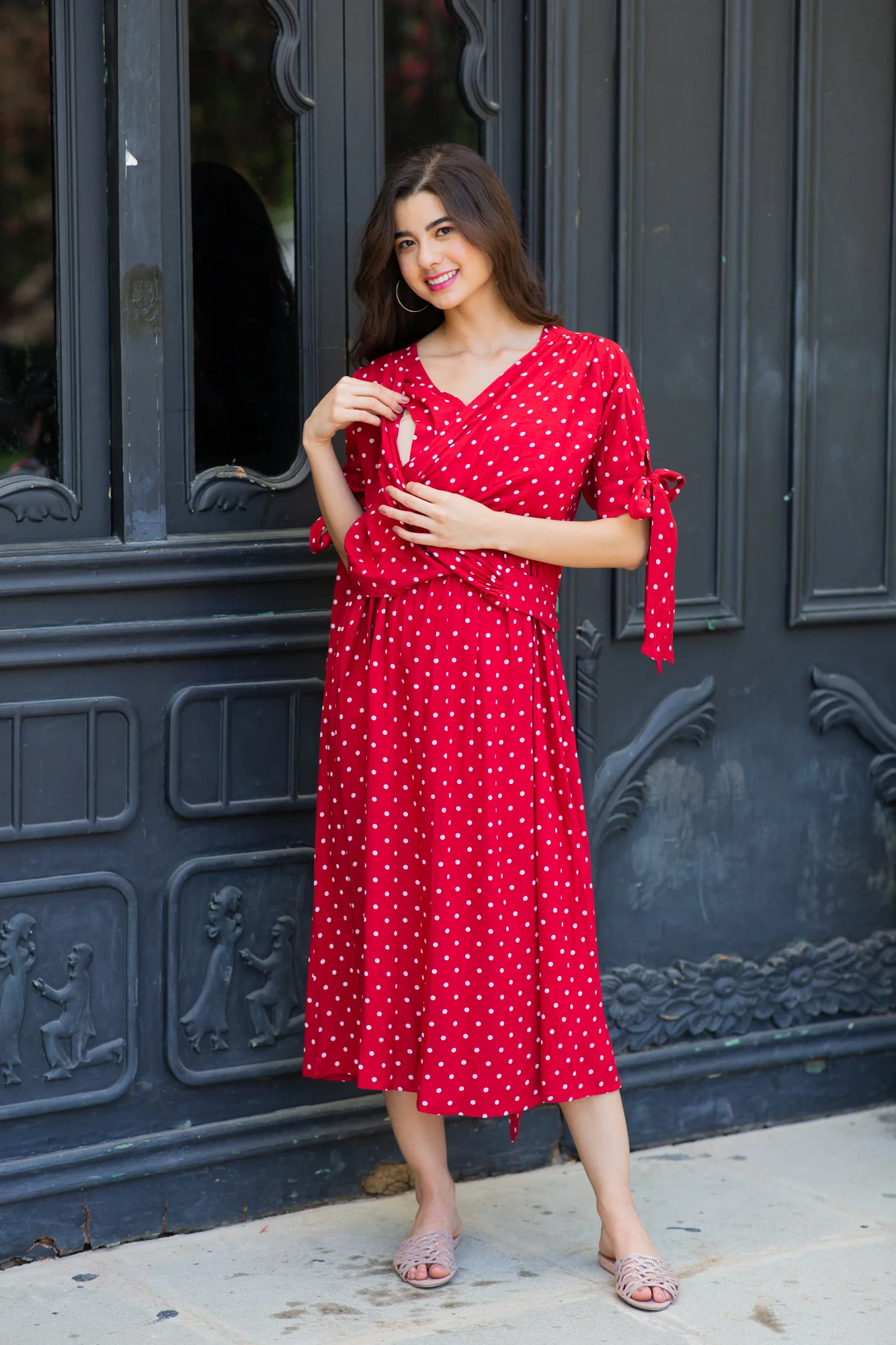 Paradise Cherry Dotted Maternity & Nursing Midi Wrap Dress - Chenance