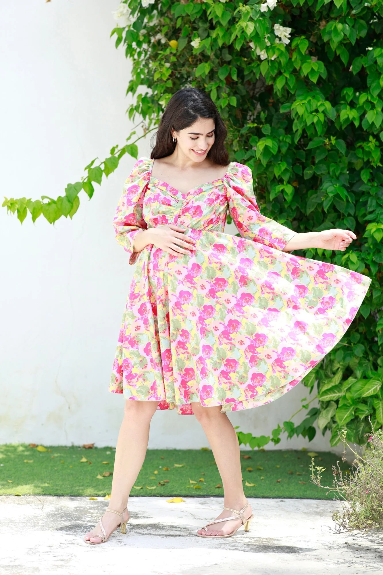 Victoria Flamingo Rosy Pink Maternity Knee Dress (100% Cotton) - Chenance