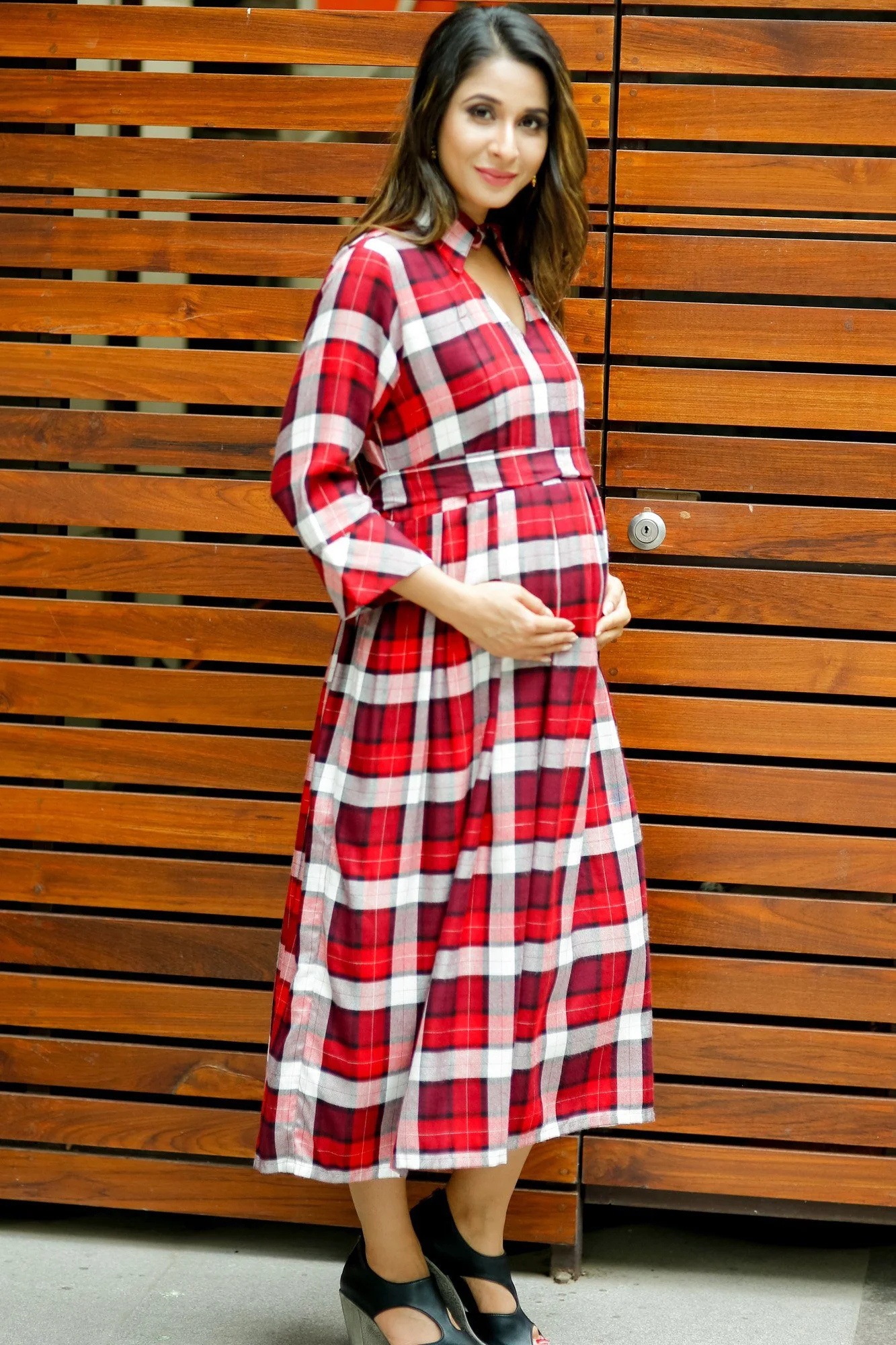 Slick Red Plaid Maternity & Nursing Button Dress - Chenance