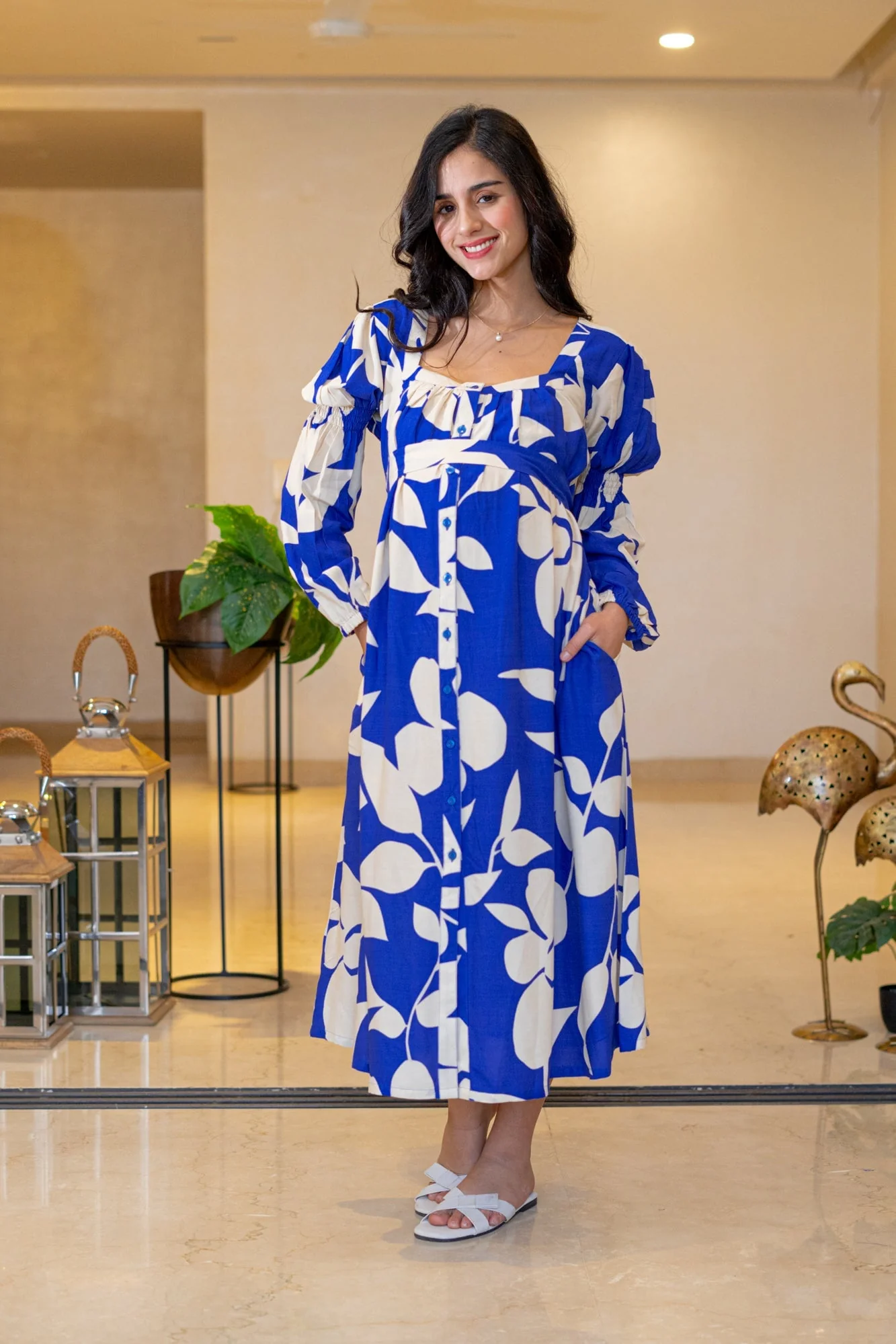 Admiral Blue Leafy Maternity & Nursing Dress - Chenance