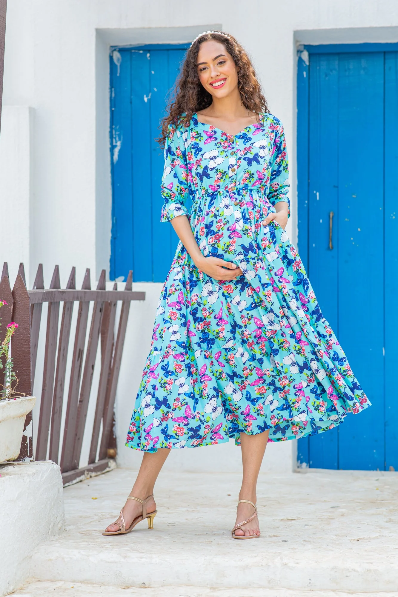 Vibrant Flowy Aqua Crepe Maternity & Nursing Dress - Chenance